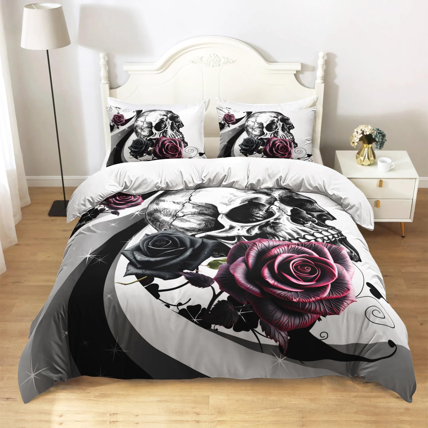 AILONEN Sugar Skull Duvet Cover Set King Size,Black and White Skull Gothic Comforter Cover Set,3 Piece Rose Skeleton Comforter Cover with 2 Pillowcases