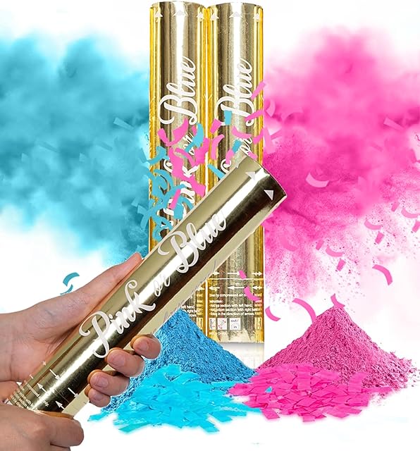 Team Planet Gender Reveal Confetti Cannon - Set of 2 Vibrant Colour Safe Powder Smoke & 100% Biodegradable Confetti Tissue Air Cannon for Baby Girl Boy Gender Reveal Party - 1 x Pink & 1 x Blue
