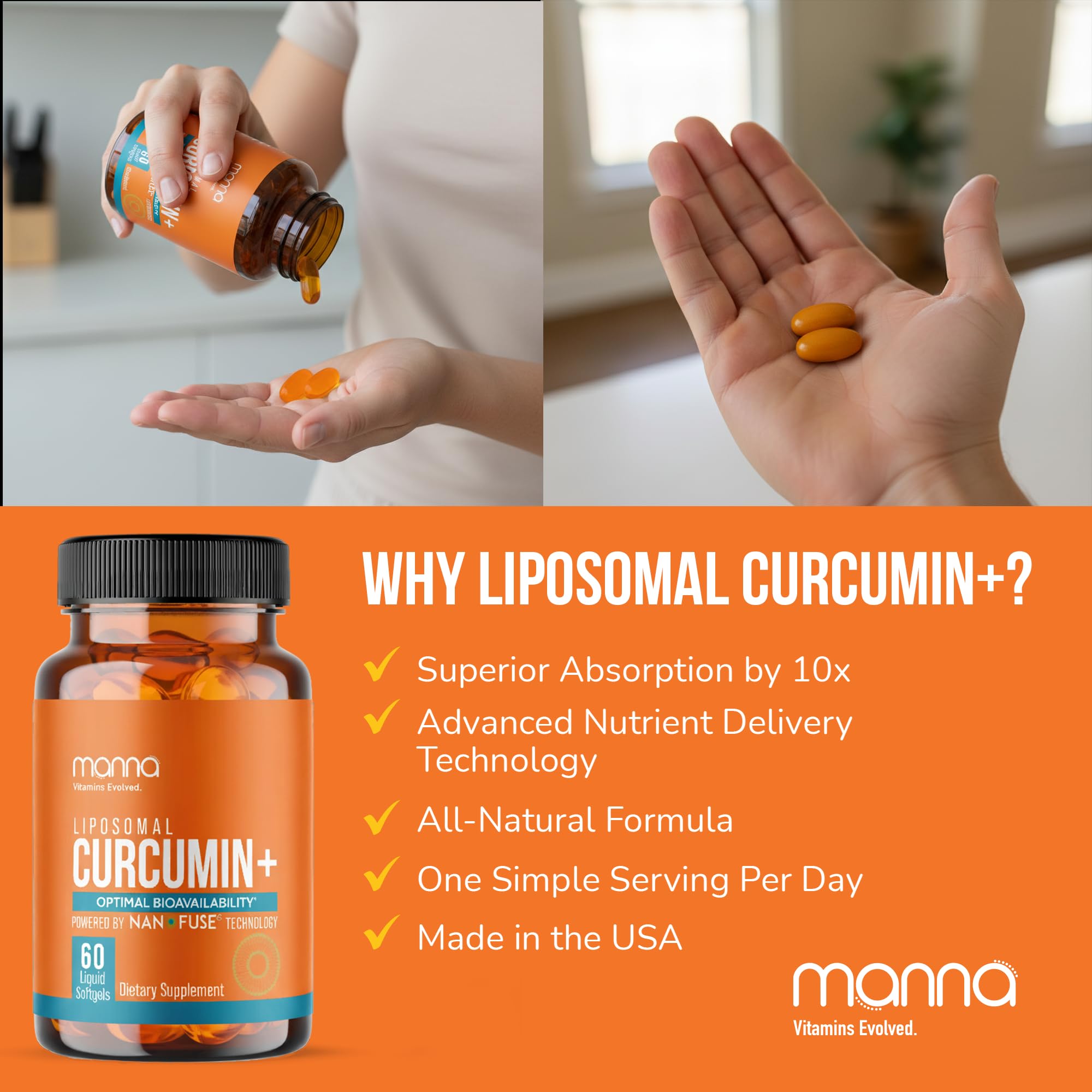Manna Vitamins Evolved Liposomal Curcumin+ Softgels for Advanced Absorption Best Turmeric Supplement for Daily Joint & Immune Health Support - Non-GMO, 500mg Curcuminoids (60ct) — Amazon image 6