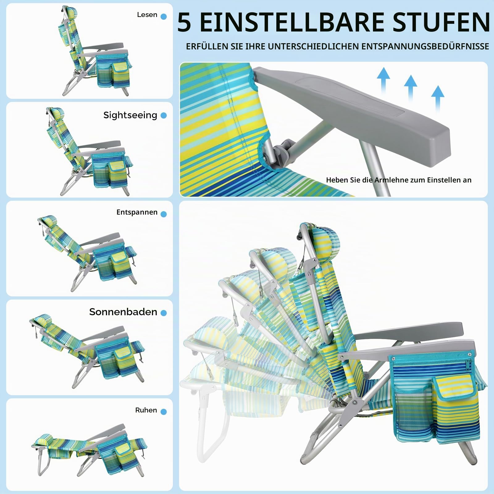 LIFERUN Strandstuhl Klappbar Leicht Aluminium 2er Set & Tisch, Rucksack Klappstuhl Strand, Campingstuhl Kann Flach Liegen,bis 150 kg belastbar, Outdoor Faltstuhl Verstellbarer Hohe Rückenlehne Grün