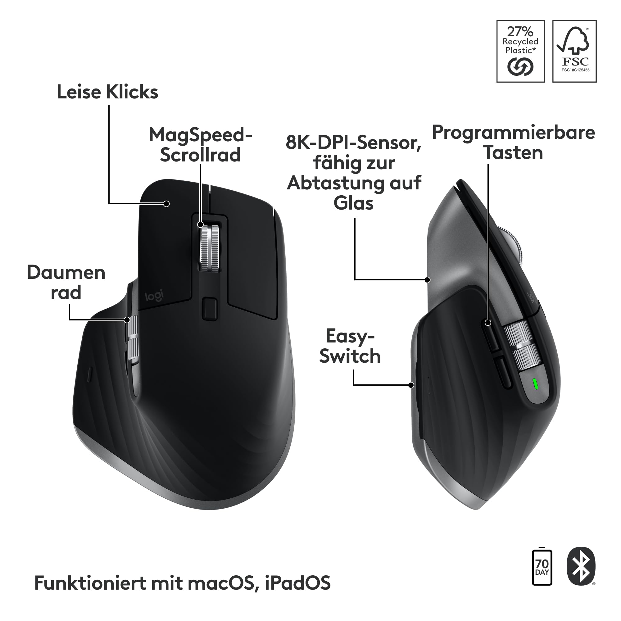 Logitech MX Keys S Combo for Mac, kabellose Tastatur/Maus mit Handballenauflage, beleuchtete Tastatur, schnellscrollende Maus, Bluetooth USB C für Pro/MacBook Air/iMac/iPad, QWERTZ DE - Grau