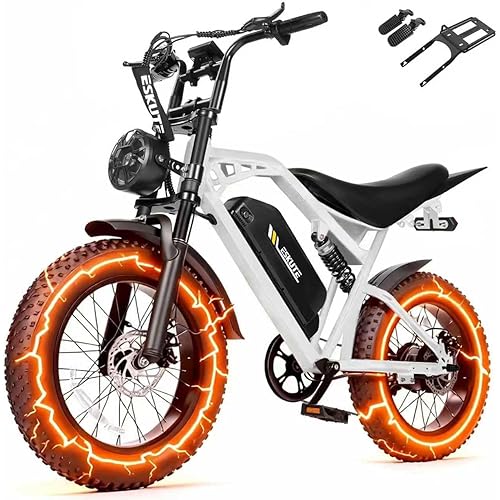 Electric Dirt Bike Adults, 1300W Peak 52V20.8Ah ebike, 32MPH 20" x4.0 Fat Tire, Streamlined E-Motorcycle with 7 Speeds for Youths, V200，White with Rear Rack + Footrests