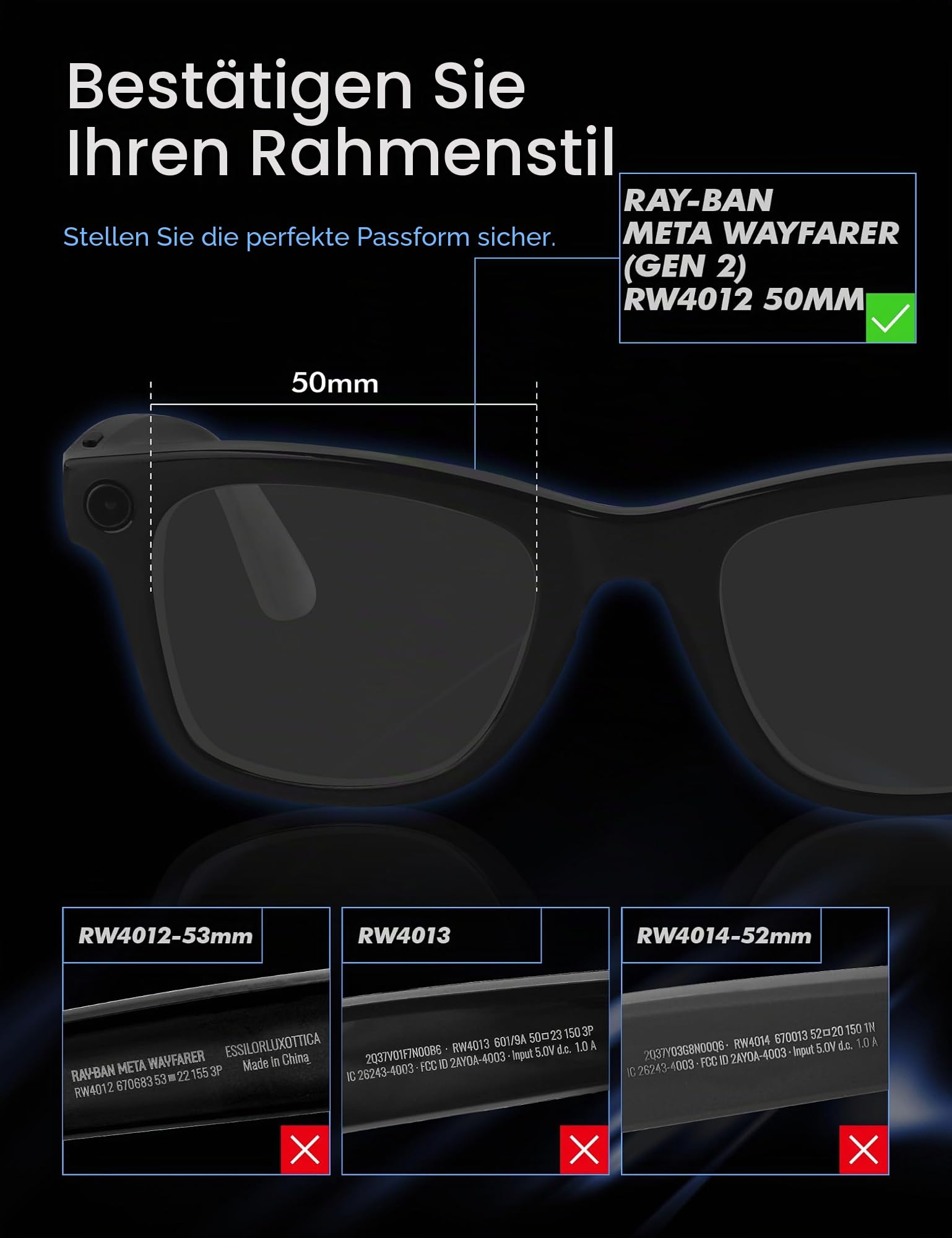 Saucer Hochwertige Ersatzgläser kompatibel mit Ray-Ban Meta Wayfarer (Gen 2) RW4012 Smart Sonnenbrille 50mm