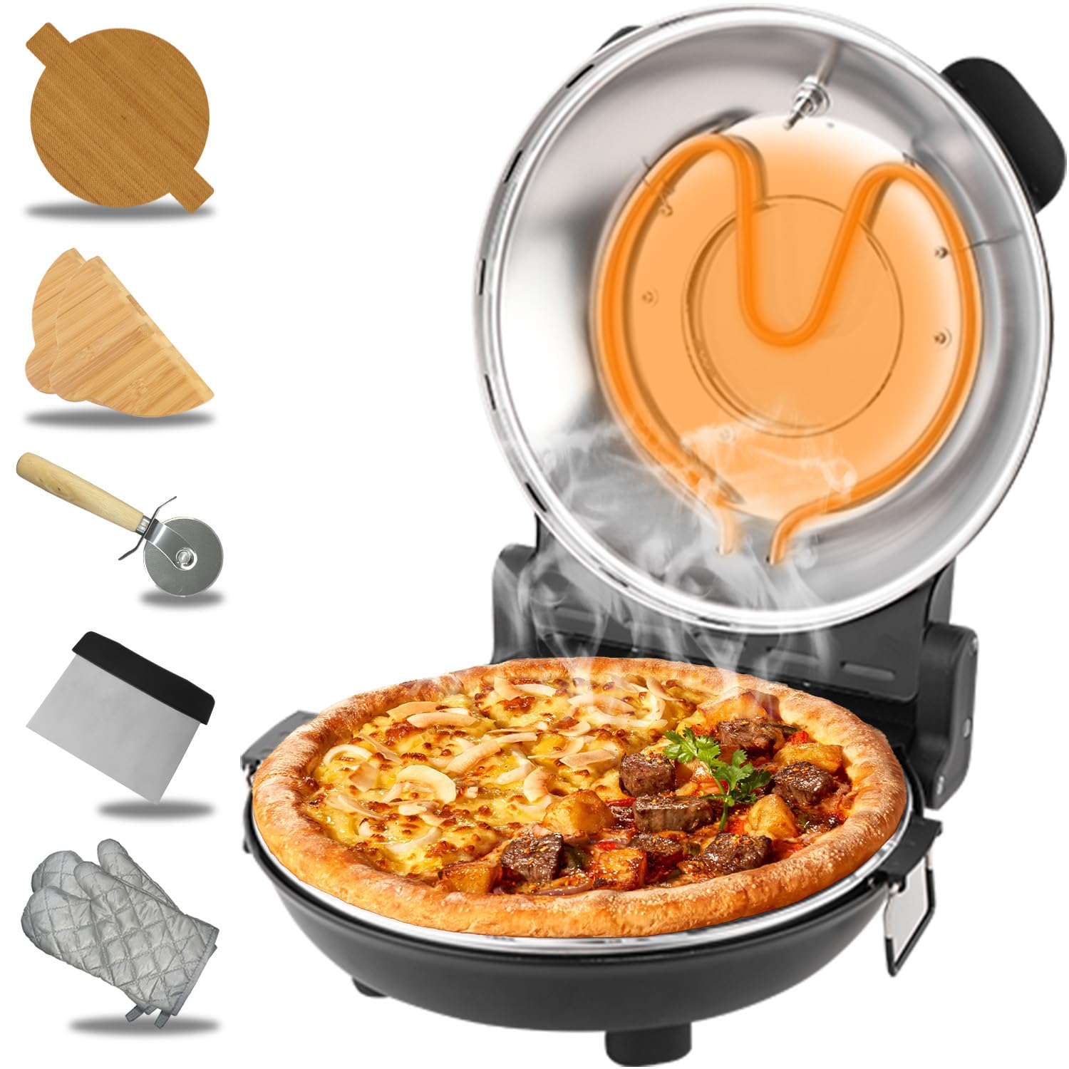 Pizza Oven Indoor, 12 Inch Retro Pizza Maker, Rapid Heating 800˚F, 1200W Glazed Ceramic Stone Electric Pizza Cooker, Two-button Precise Temperature Control, Viewing Window for Precise Cooking