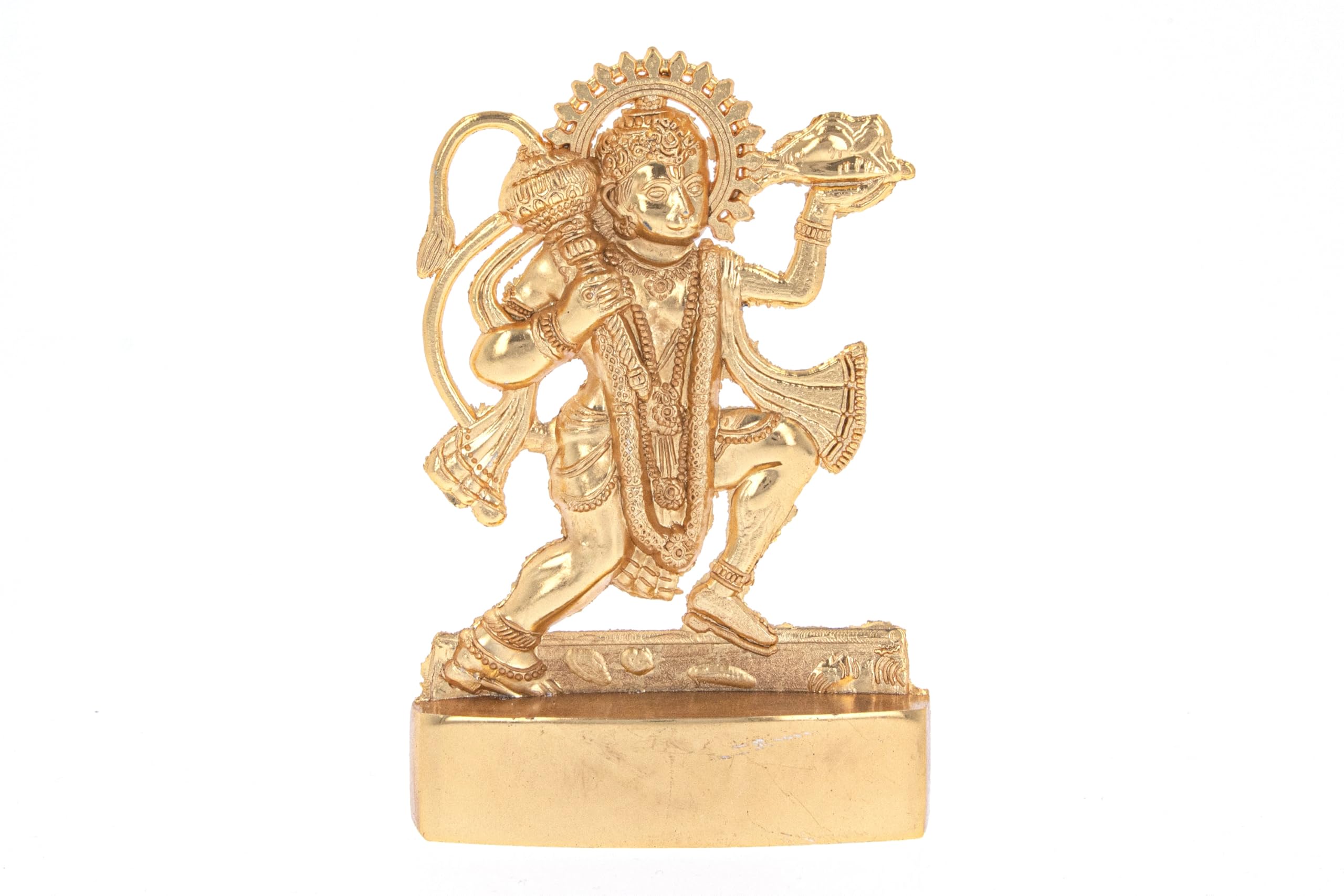 Hanuman Statue Murti Golden Metal Small Standing Bajrang Bali Gadha Idol Hindu God for Car Dashboard Home Office Desk Mandir Temple Pooja Décor Diwali Wedding Gift (5 Inch)