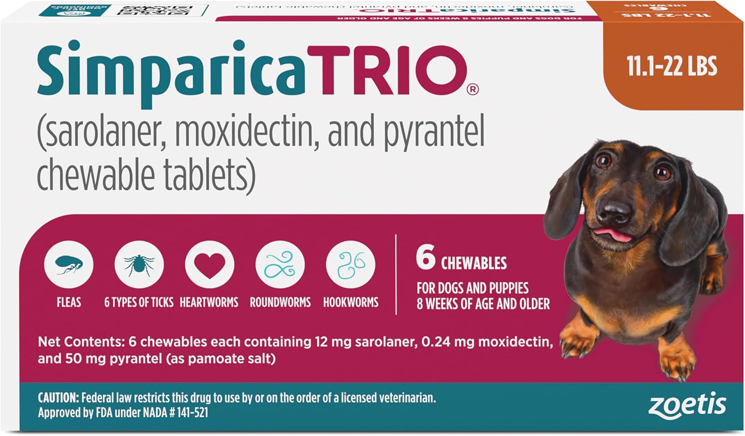 Simparica Trio (sarolaner, moxidectin, and pyrantel chewable Tablets) Chewables for Dogs, 12 mg/tab, 11.1-22 lbs, (Caramel), 6 Tablets