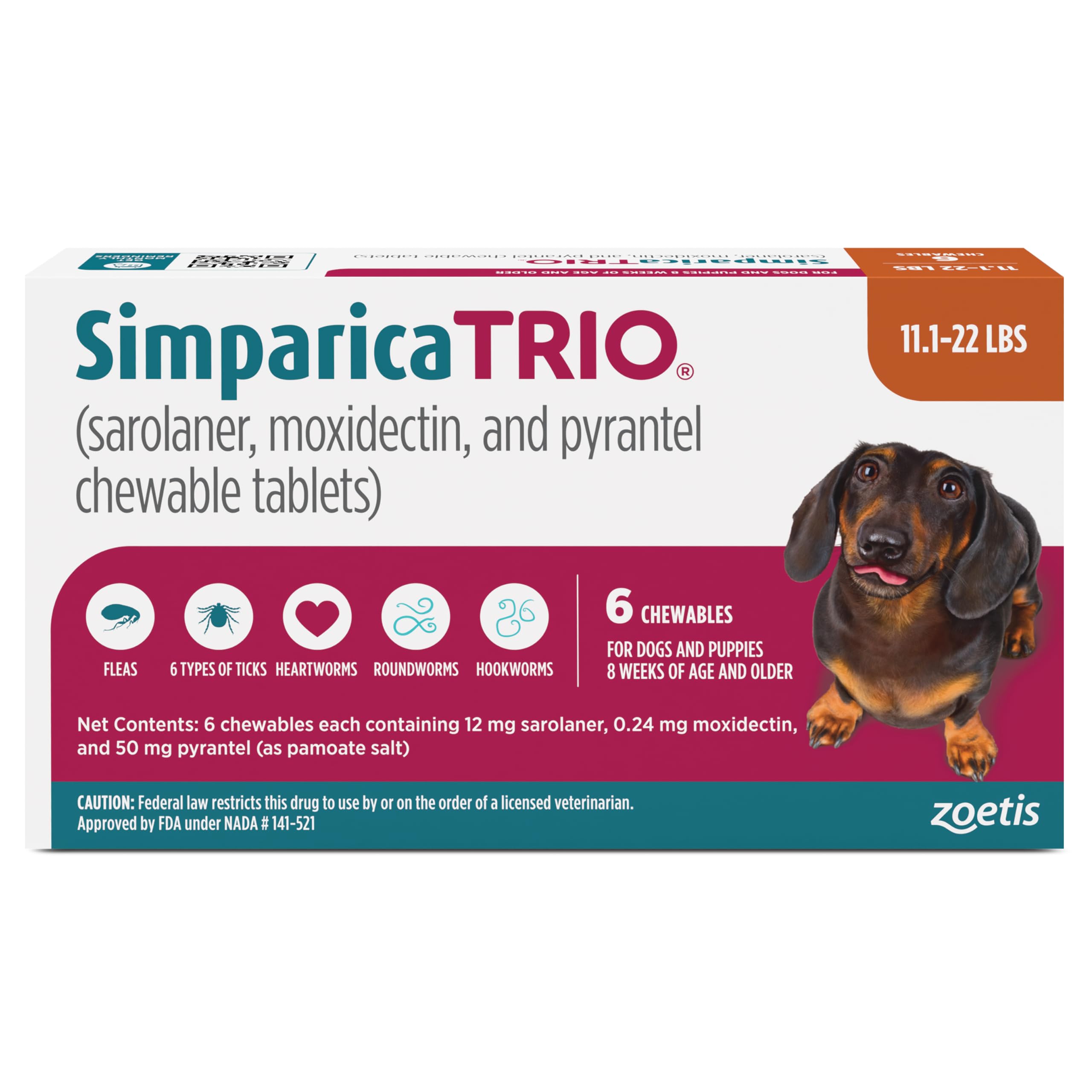 Simparica Trio (sarolaner, moxidectin, and pyrantel chewable Tablets) Chewables for Dogs, 12 mg/tab, 11.1-22 lbs, (Caramel), 6 Tablets