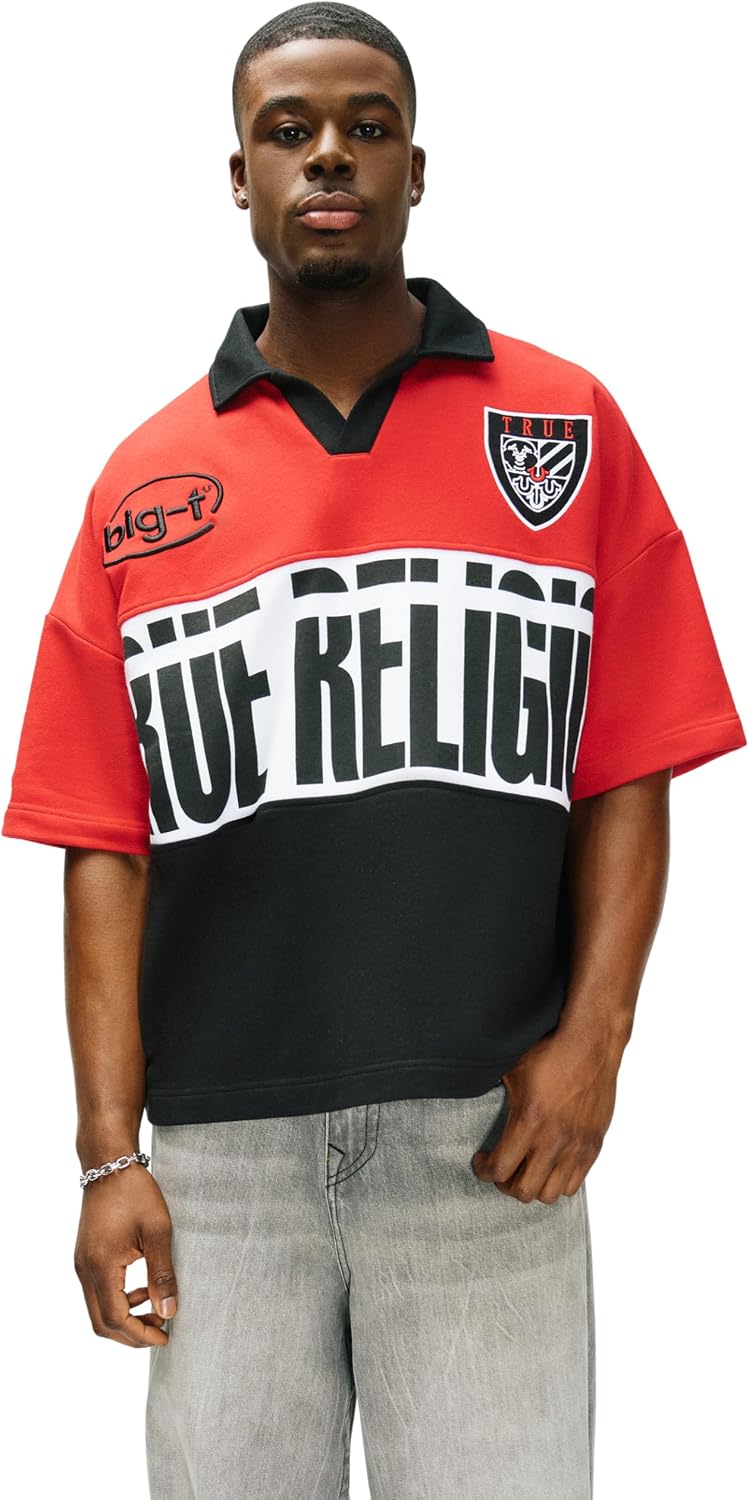 True Religion Men’s Oversized Jersey Polo Shirt – Breathable Fabric, Relaxed Fit