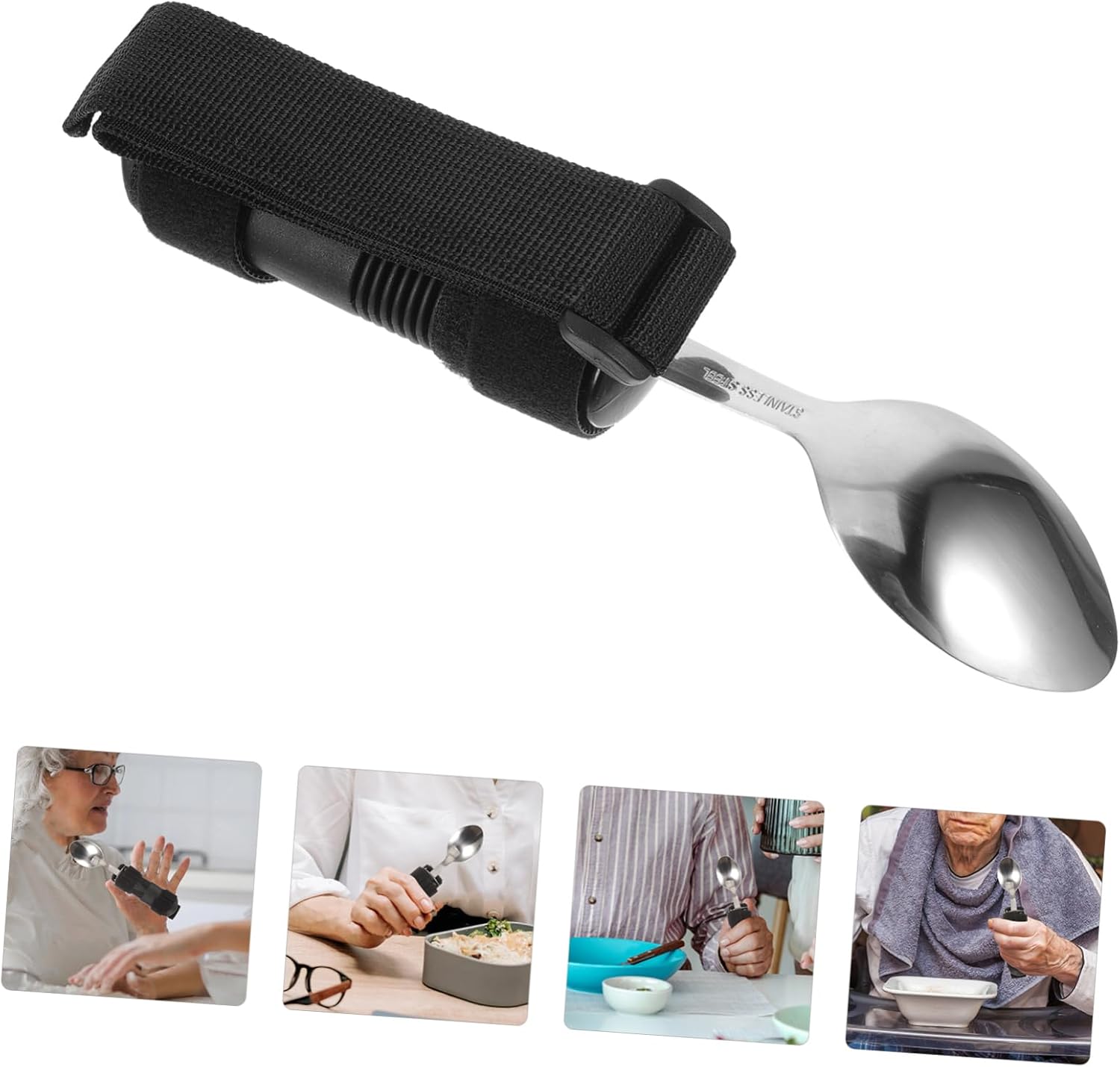 Adaptive Spoon with Handle for Elderly Disabled Skid Design for Hand Grip Strength Loss Lightweight Convenient Utensil with Cuff