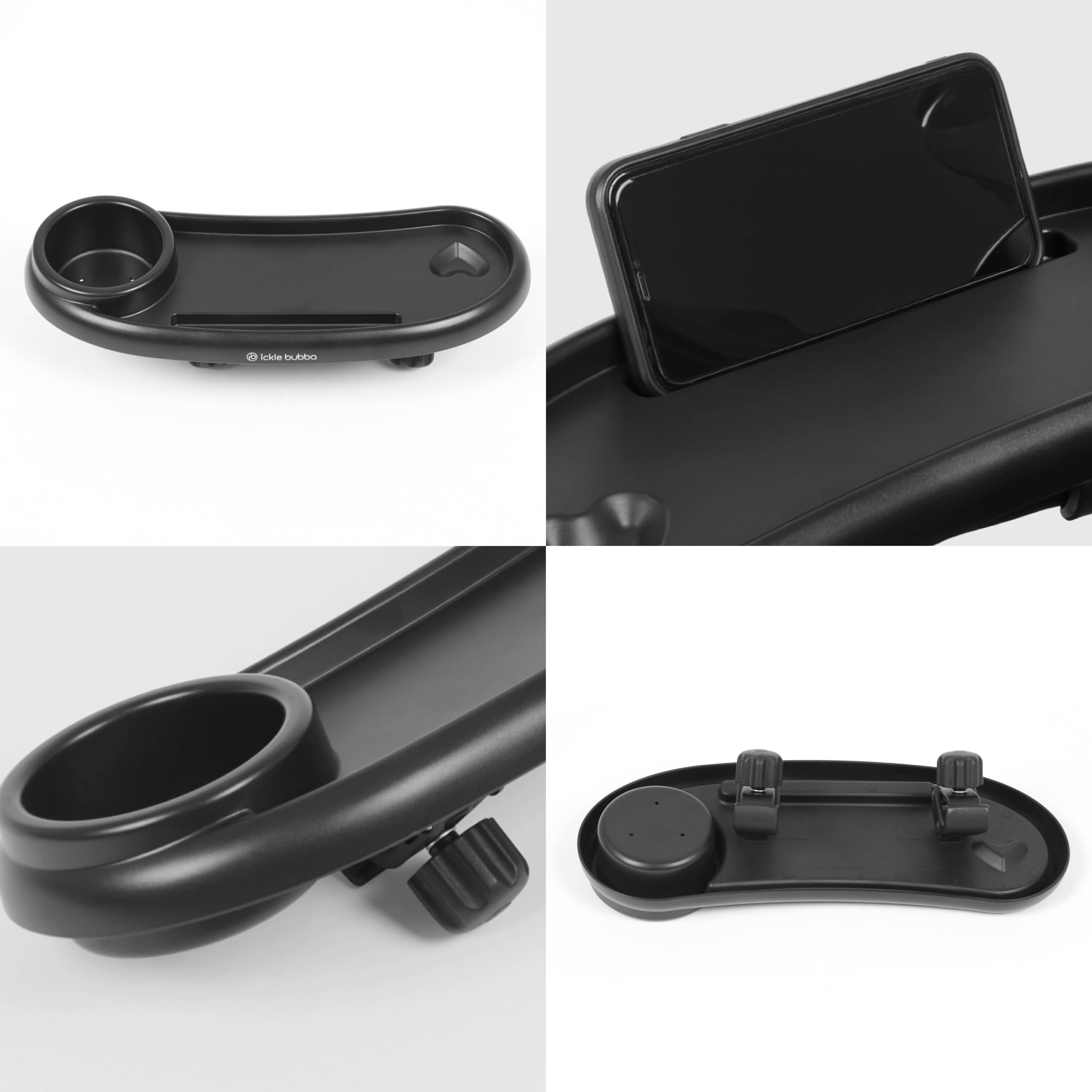 Ickle Bubba Plateau universel pour poussette - Accès facile aux collations et boissons avec porte-gobelet intégré et support de téléphone - Se clipse sur n'importe quel landau ou poussette pour plus