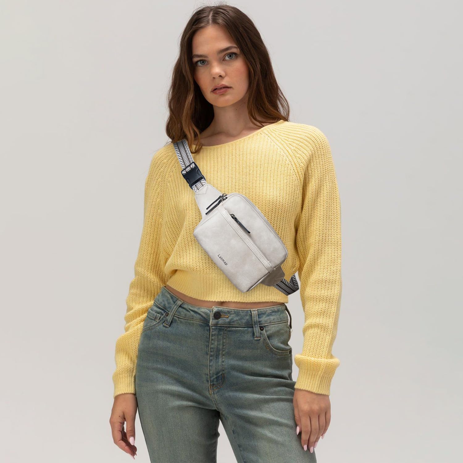 LATMAP 3L Fanny Pack Bumbags for Women Men 4-Zipper Pockets Belt Bag Sling Waist Pack Faux Leather Chest Bag Greyish - Image 2
