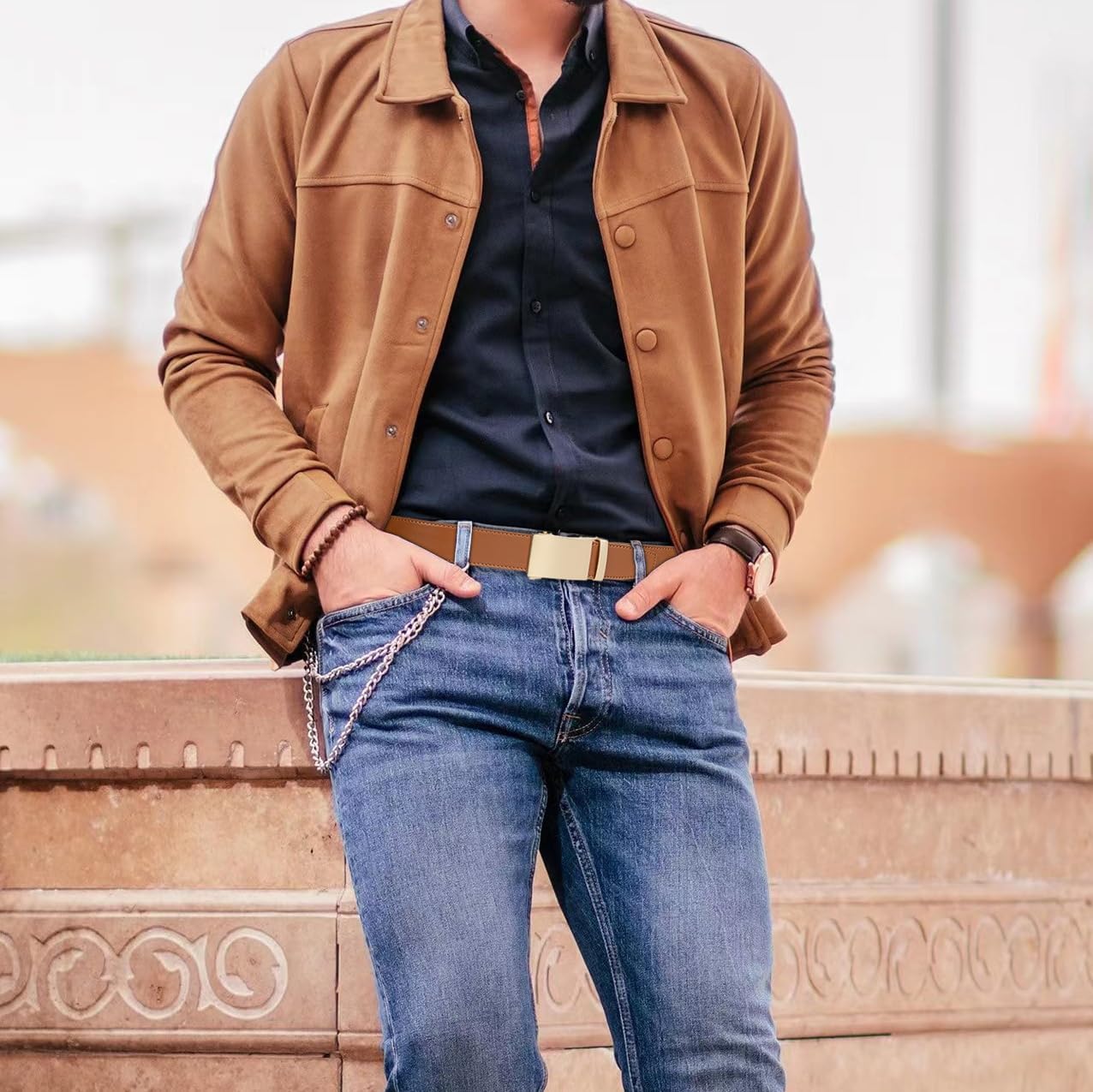 Founders & C Men's Ratchet Belt 1 3/8",Leather Dress Belt Adjustable with Click Sliding Buckle Trim to Exact Fit - Image 2