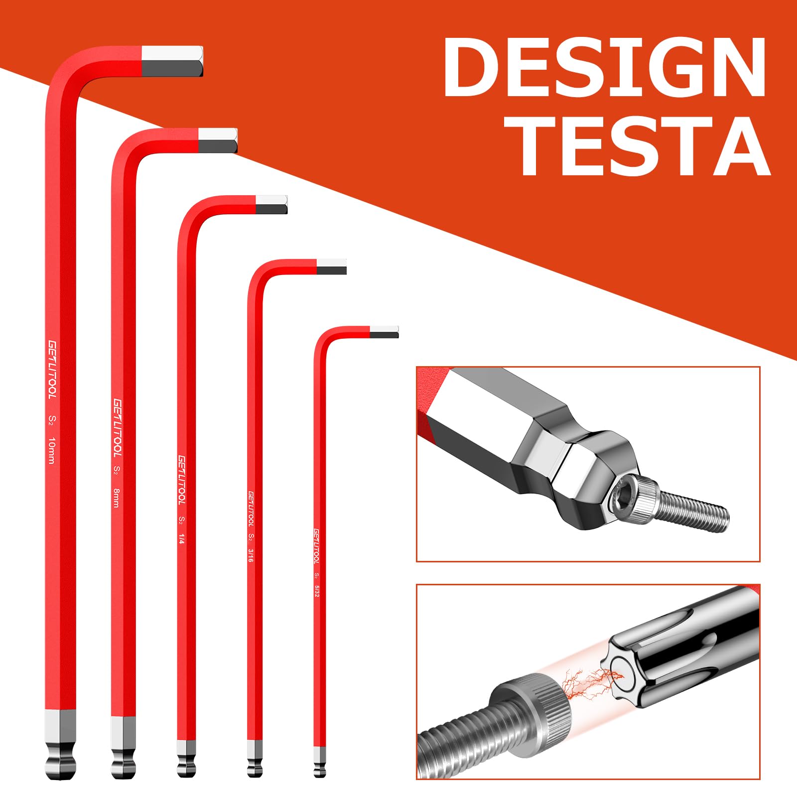 GETLITOOL Set 18PZ Chiave a Brugola Magnetica con Testa Sfera Metrica/Pollici in Acciaio S2 18X Chiavi Esagonali a T Extra Lunga Diametro 1.5-10mm 1/16''-3/8''inch + Maniglia di Coppia - Rosso
