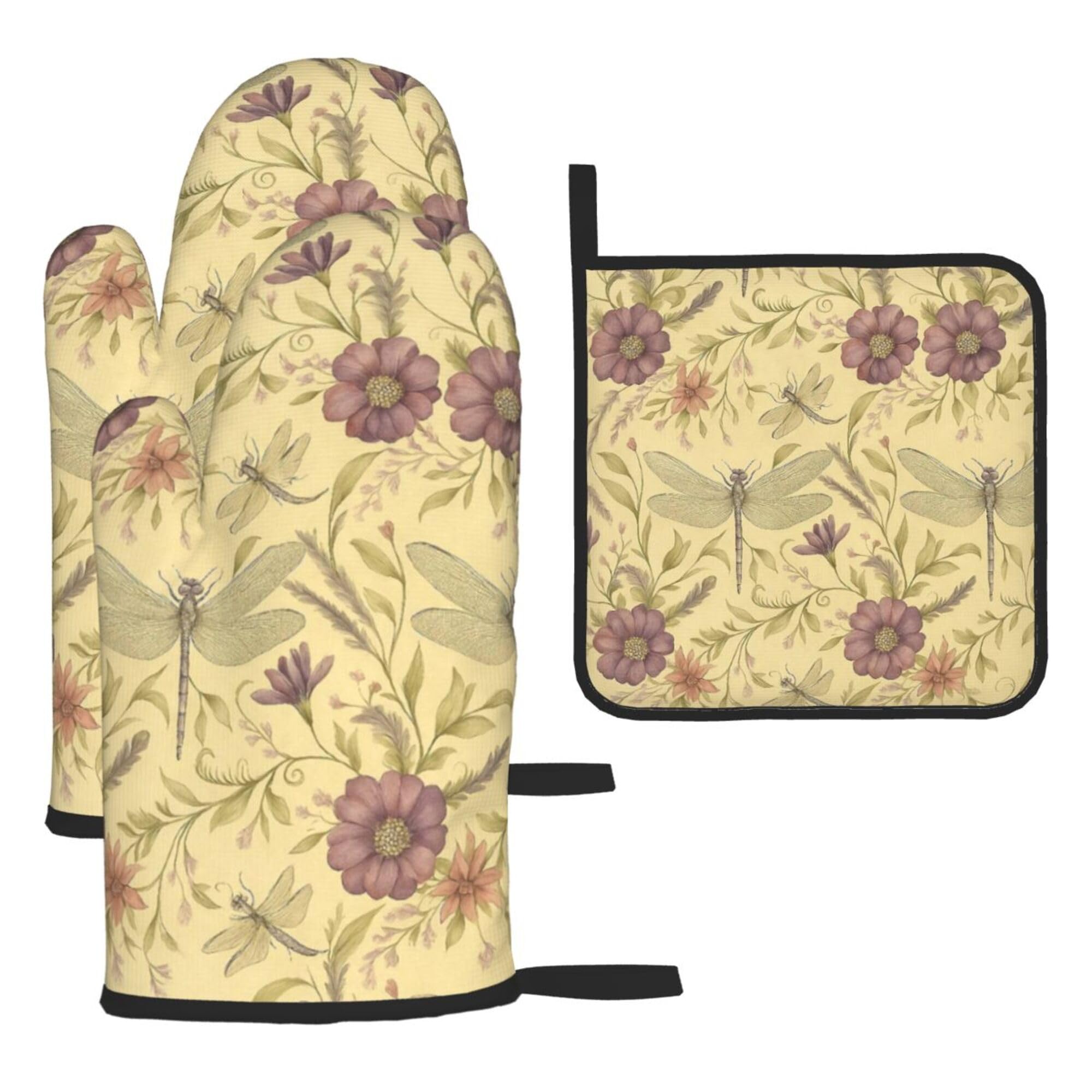 Retro Dragonfly and Purple Flower Oven Mitts and Pot Holders 3pcs Set Heat Resistant Kitchen Gloves