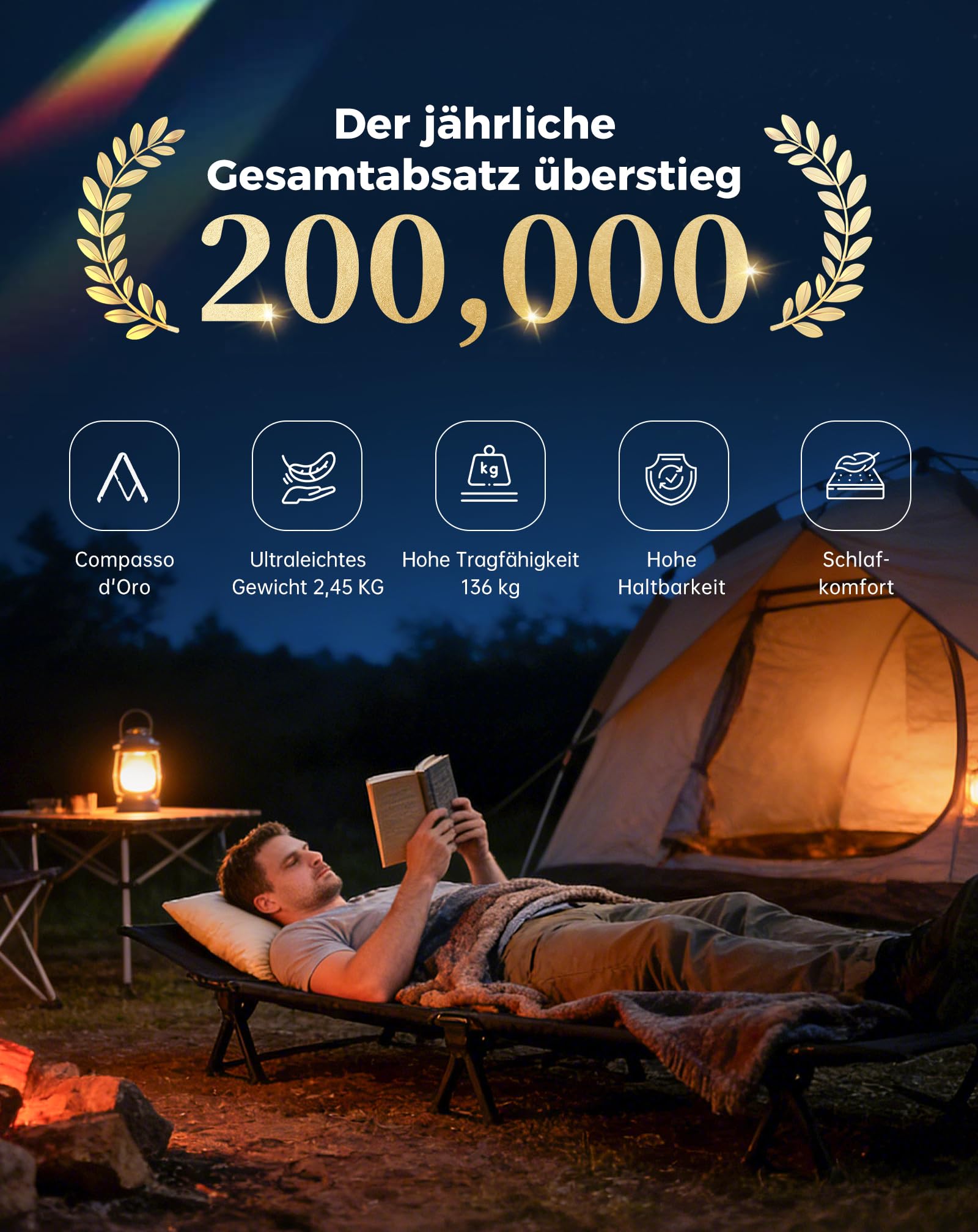KingCamp Feldbett Ultraleicht 2,45 kg, Kleines Packmaß 36x13 cm Schwarz | Klappbares Campingbett 190x64 cm bis 136 kg für Camping, Motorrad, Trekking, Gästebett, Festival & Garten