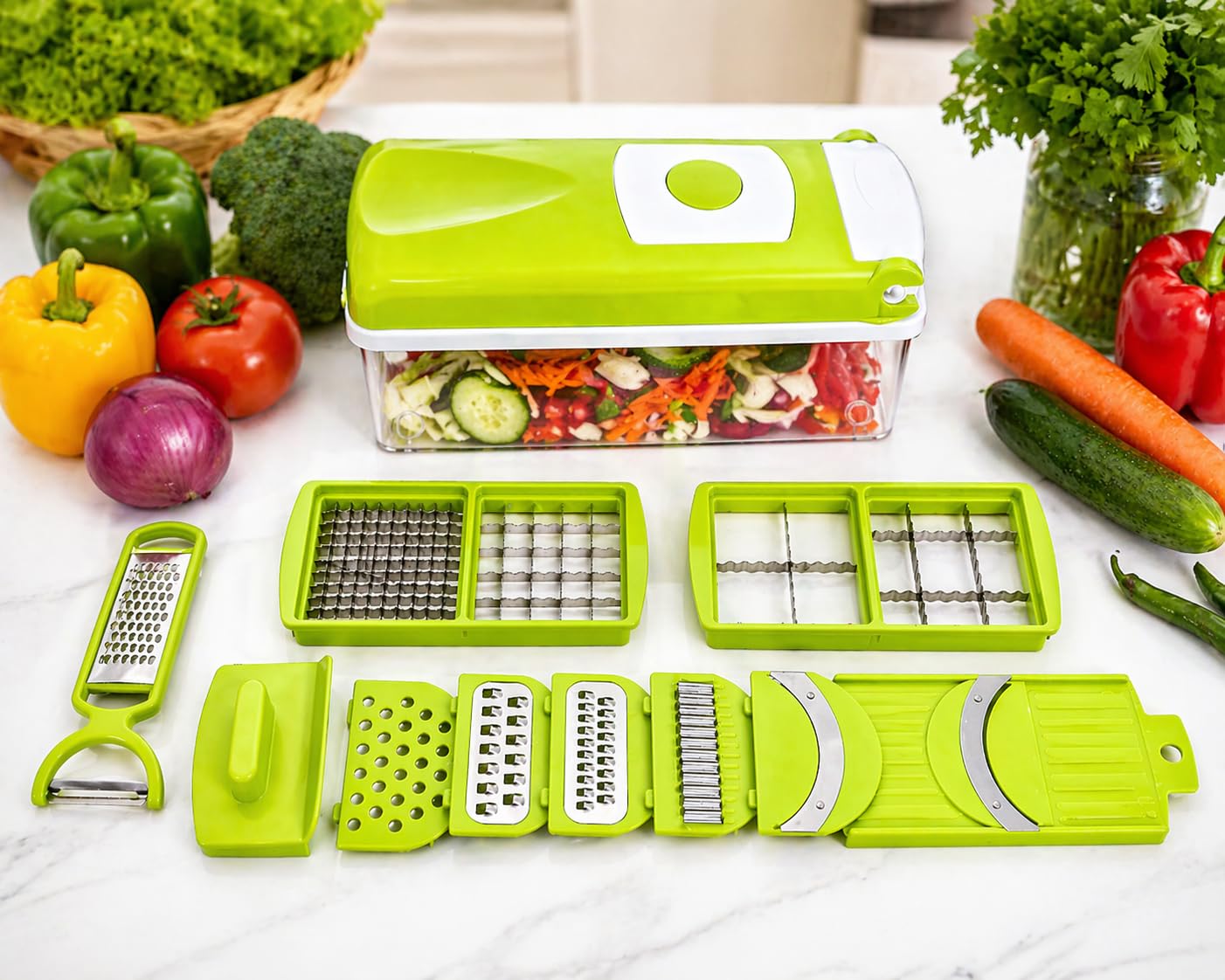 AEXO Multi-Purpose Chopper, 13 in 1 Vegetable and Fruit Chopper, Food Slicer Dicer Grater Chipser Cutter Peeler with Large Container for Salad Potato Veggie Vegetable Fruit in All Kitchen Use-image-33