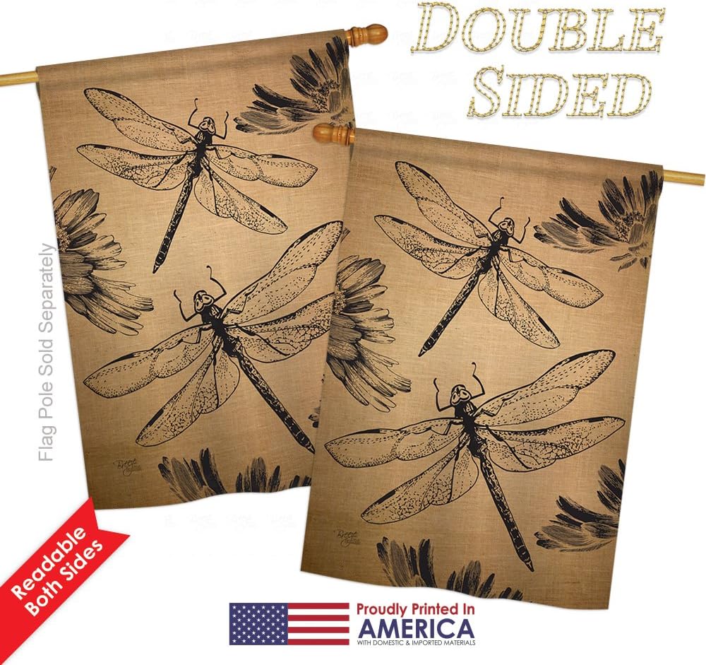 Breeze Decor - Dragonfly Burlap Garden Friends - Everyday Bugs & Frogs Impressions Decorative Vertical House Flag 28" x 40" Printed in USA