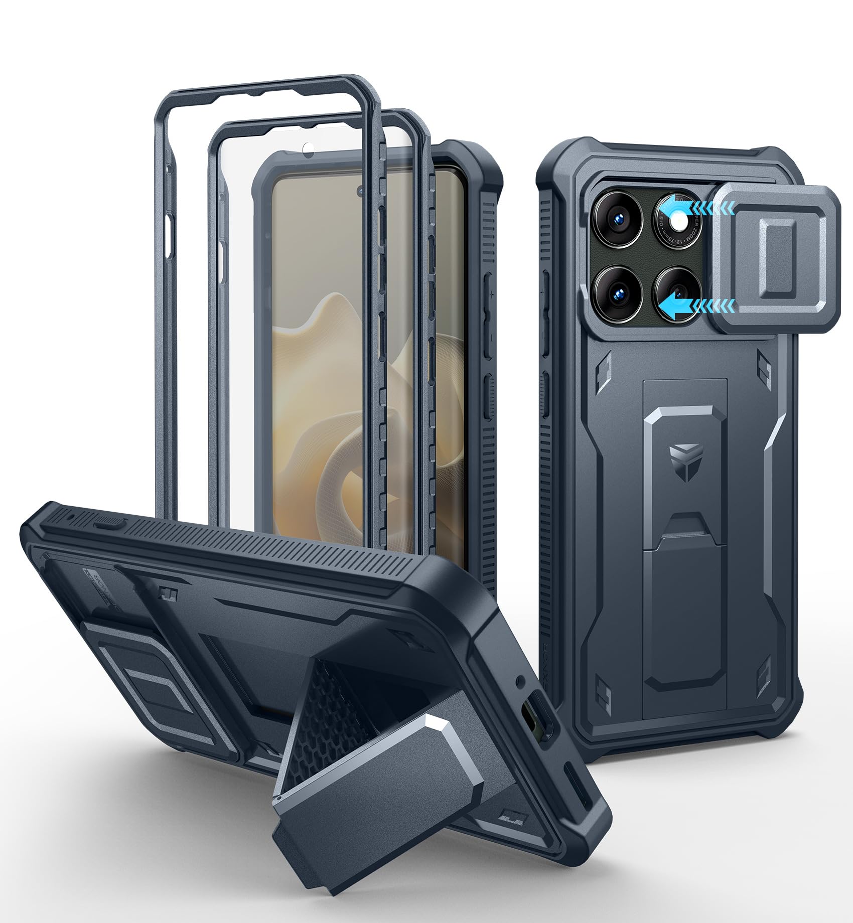 Dexnor for Motorola Moto Edge 2025 Case, [2 Front Frame] [Built-in Magnetic Slide Camera Cover & Kickstand] Heavy Duty Protection Shockproof Phone