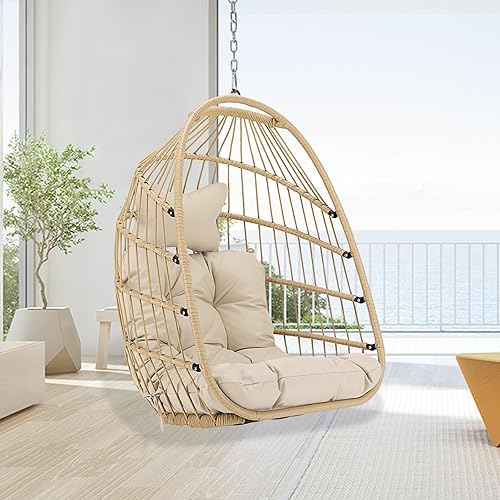 Miniatura 10 de BULEXYARD Silla columpio para exteriores sin soporte para dormitorio, silla de techo interior, silla colgante de árbol de mimbre con cojín y cadena