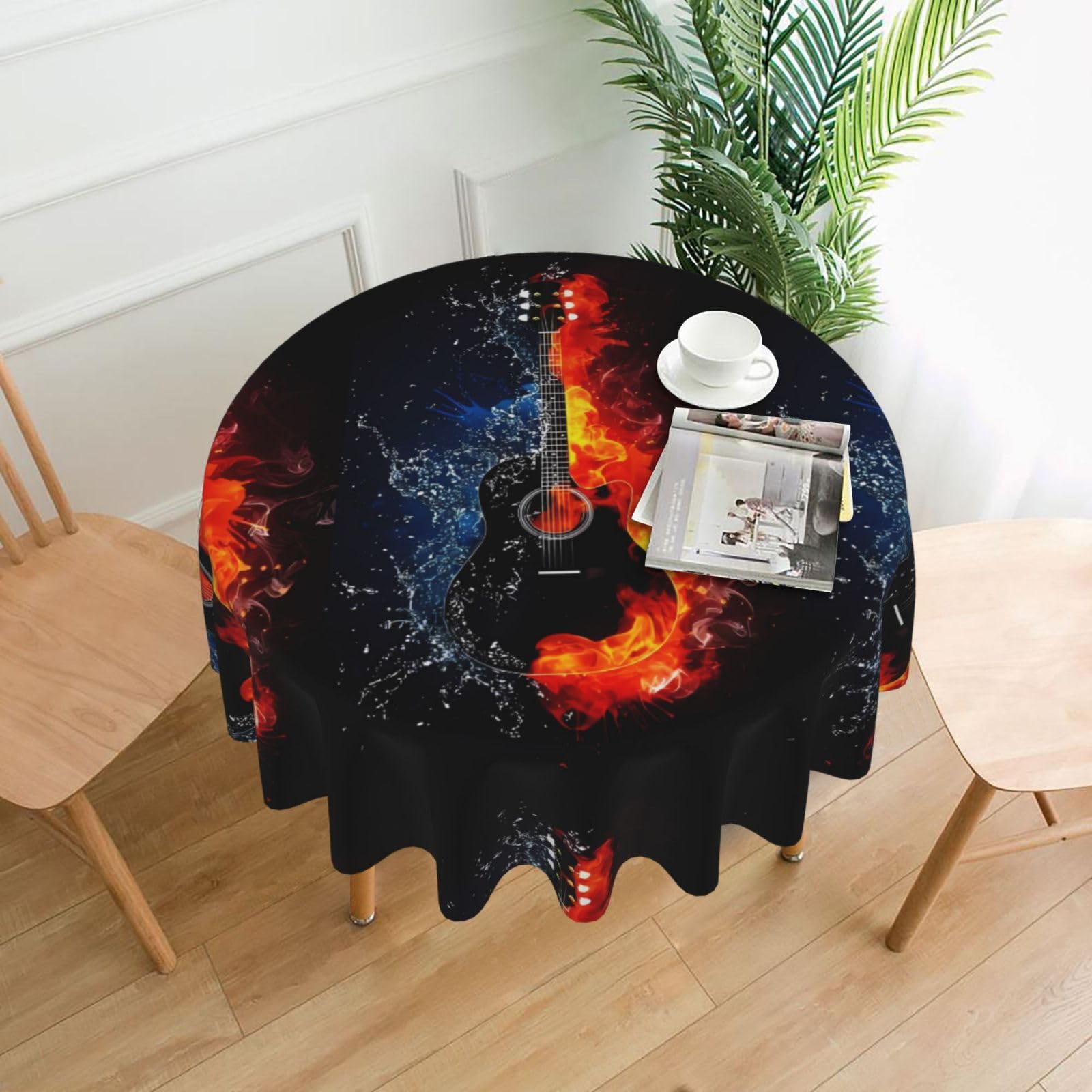 HJFCZH Ice and Fire Guitar Prints Round Decorative Tablecloth 60in - High-Grade Polyester Throw for Dinners, Weddings & Everyday Use