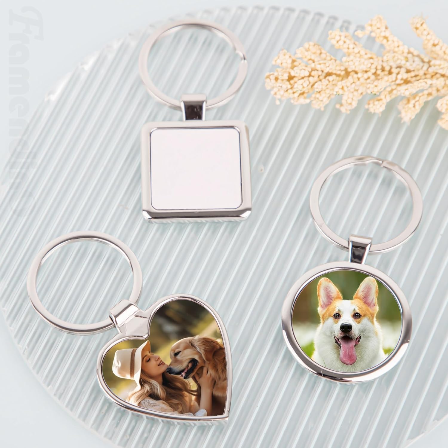 Framendino, 12 Pack Sublimation Keychain Blanks Heat Transfer Press Blank Key Chains with Rings for DIY Photos Crafts Rectangular Round Square Love Heart Silver - Image 3