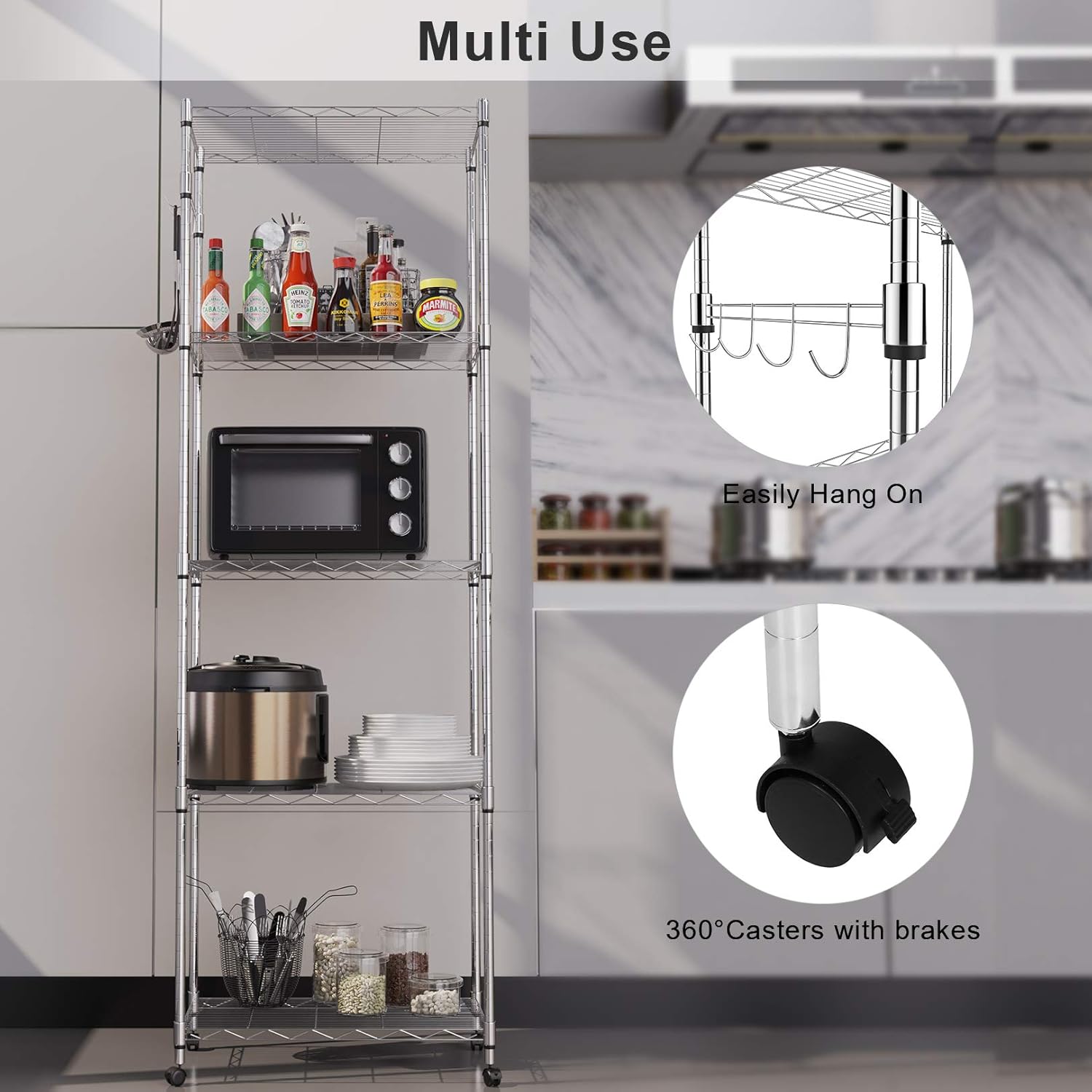 Frее Shірріng Ovеr $50 BATHWA 5-Shelf Wire Shelving Units, Sturdy Metal Shelf Chrome Organizer Wire Rack with 360° Wheels, Adjustable Utility Storage Shelves for Garage, Kitchen, Living Room, Bathroom, 23.2L x 13.8W x 72H