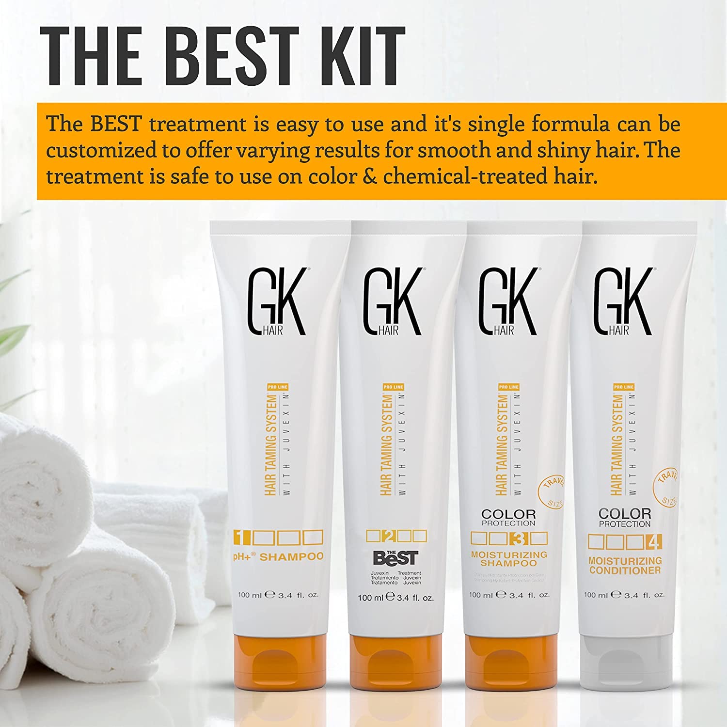 GK HAIR Global Keratin The Best Consumer Box Kit (100ml/3.4 Fl Oz) Keratin-Haarglättungsbehandlung - Professionelle komplexe brasilianische Glättung für glattes, kräuselfreies Haar