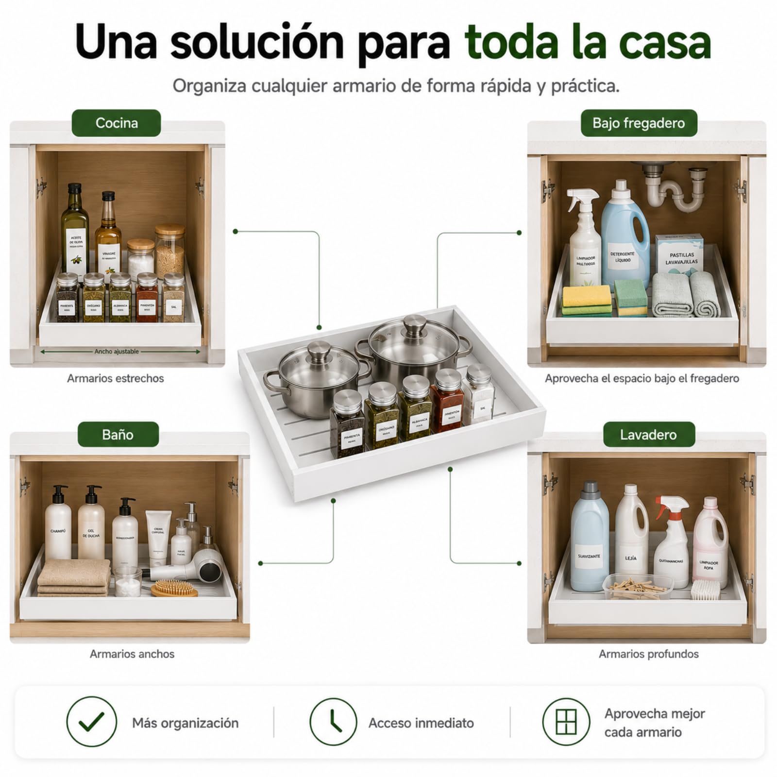 Cajones Extraibles para Cocina - Bandeja Extraíble Armario Cocina - Organizador Armario de Ancho Ajustable (32-52 cm) Para Almacenaje y Organizador en Hogar - Sin Taladrar (Blanco 52)
