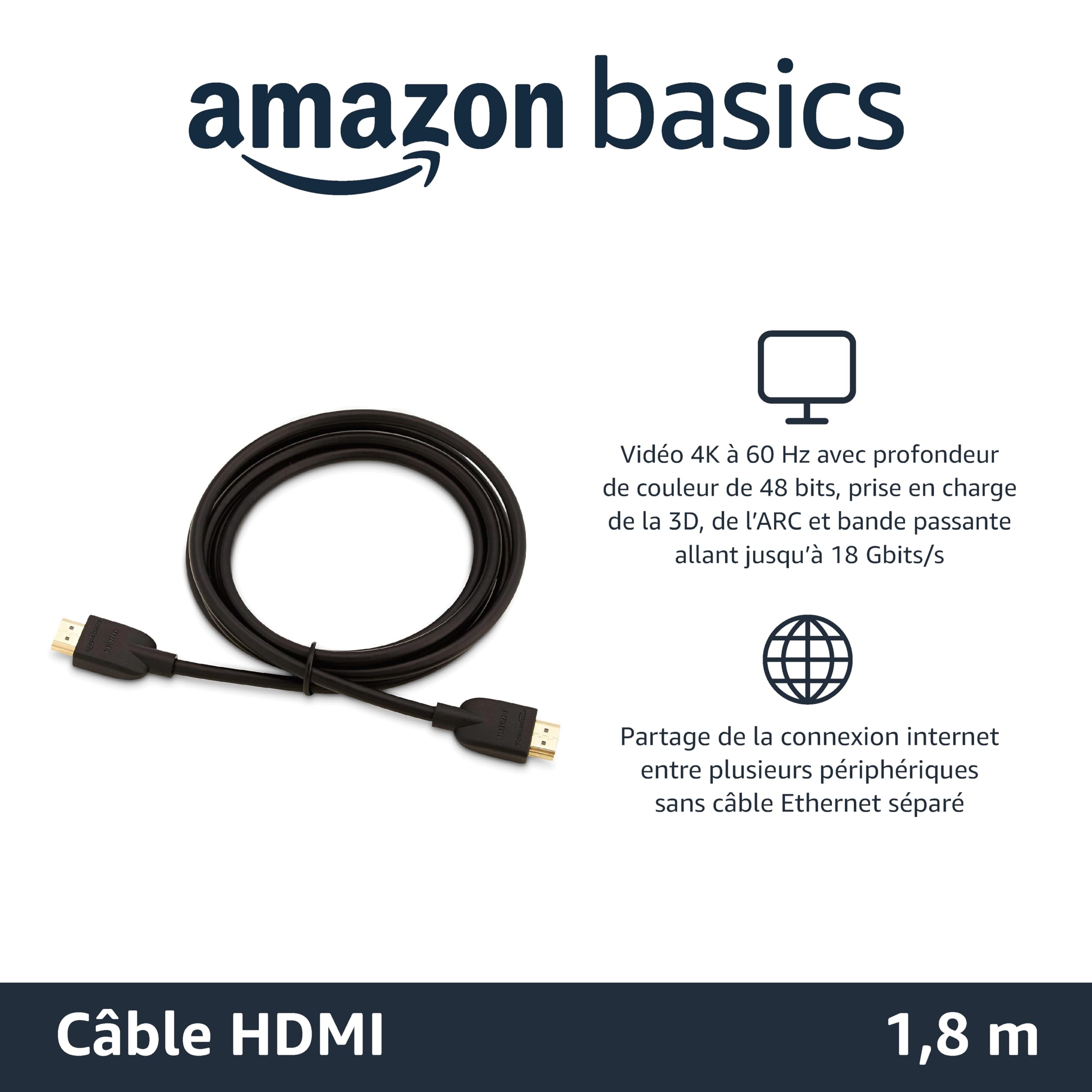 Amazon Basics Câble HDMI 4K 1.8 m 18 Gbps avec Ethernet 4K@60Hz 2160p Noir