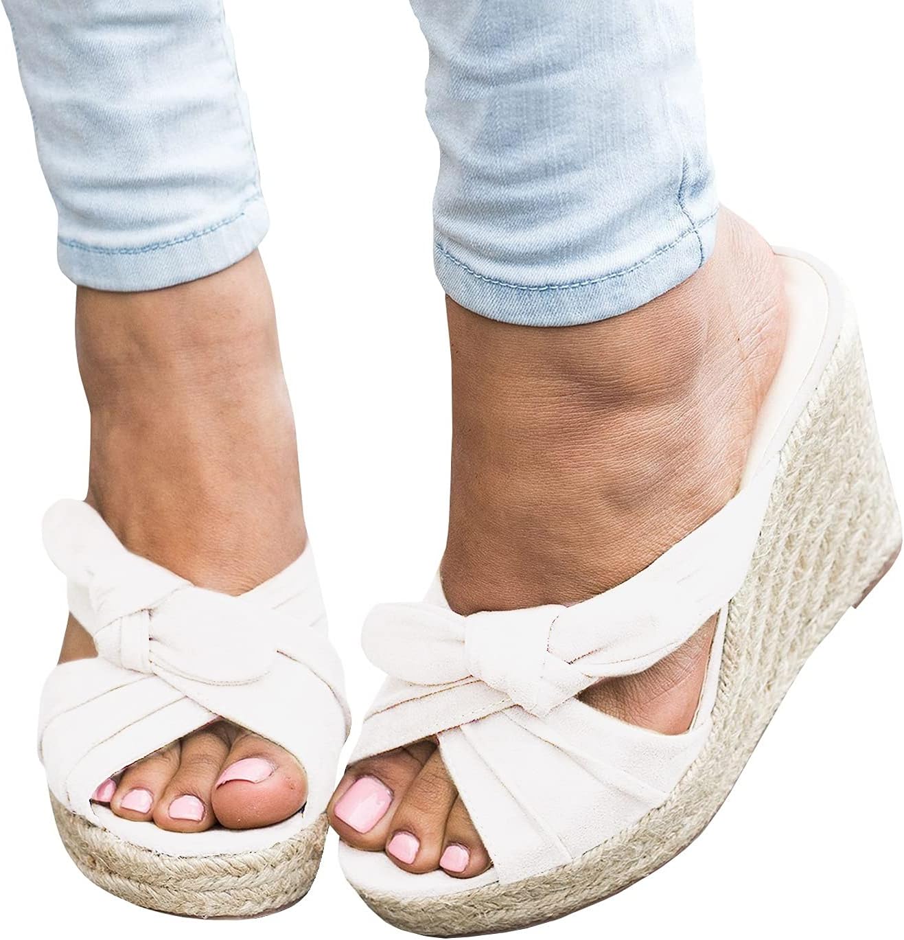 Womens Espadrilles Slip on Wedge Sandals Slides Bow Tie Platform Open Toe Summer Mules Shoes, Beige, Size 9 - Image 2