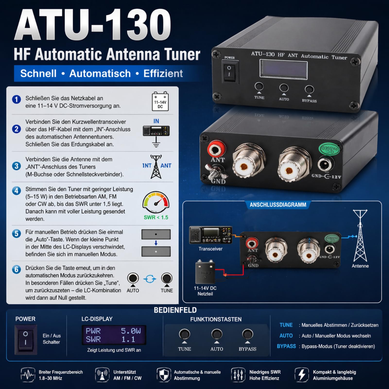 ATU-130 Sintonizzatore Antenna 1,8-50 MHz 200 W Sintonizzatore Antenna Automatico a Onde Corte in Miniatura 10-15 VDC Display OLED