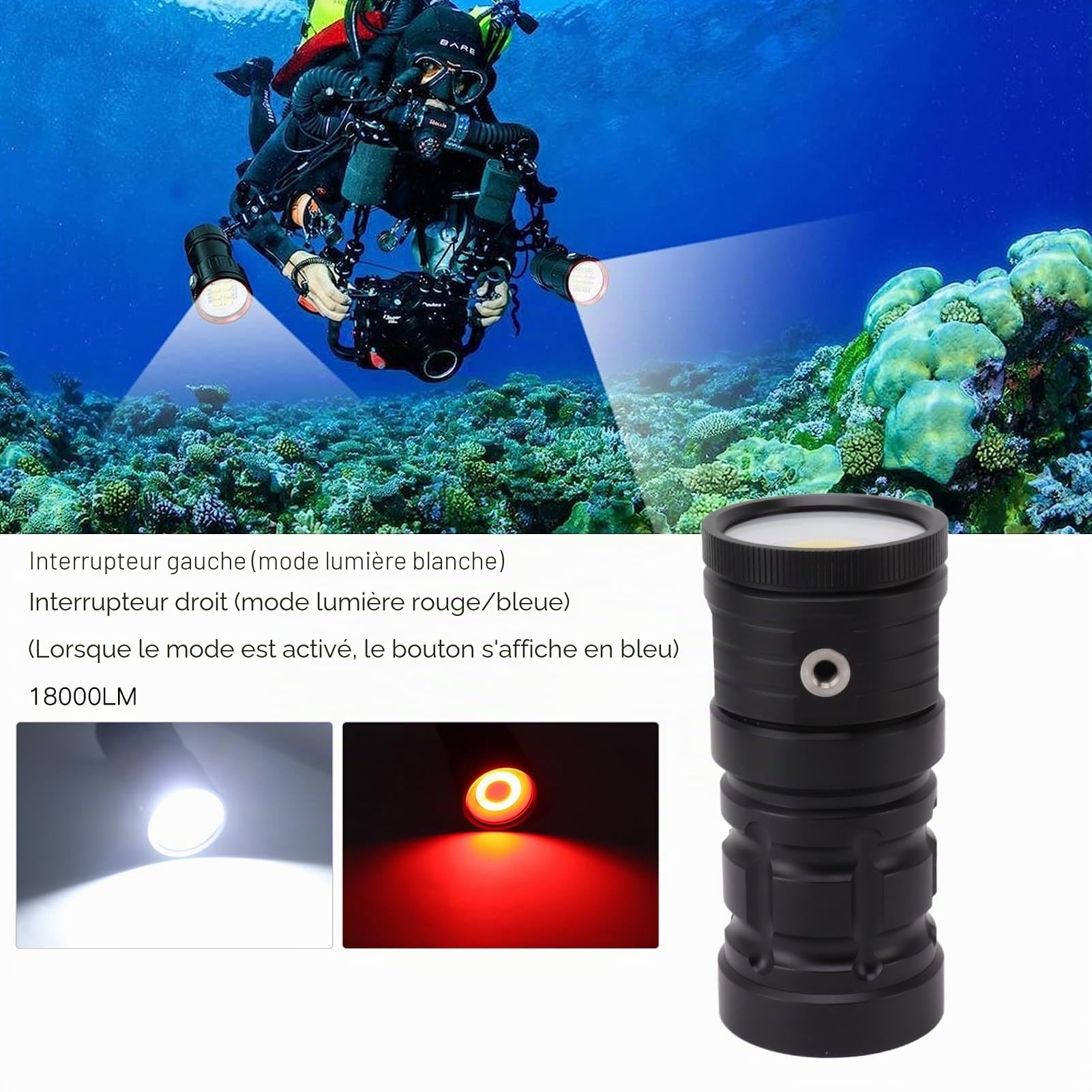 Lampe de Plongée Sous-marine, 18 000 Lumens, étanche à 100 M, avec 3 Modes, Lampe de Poche Sous-marine Rechargeable, Lumière Sous-marine pour Plongée de Nuit, Sports Nautiques