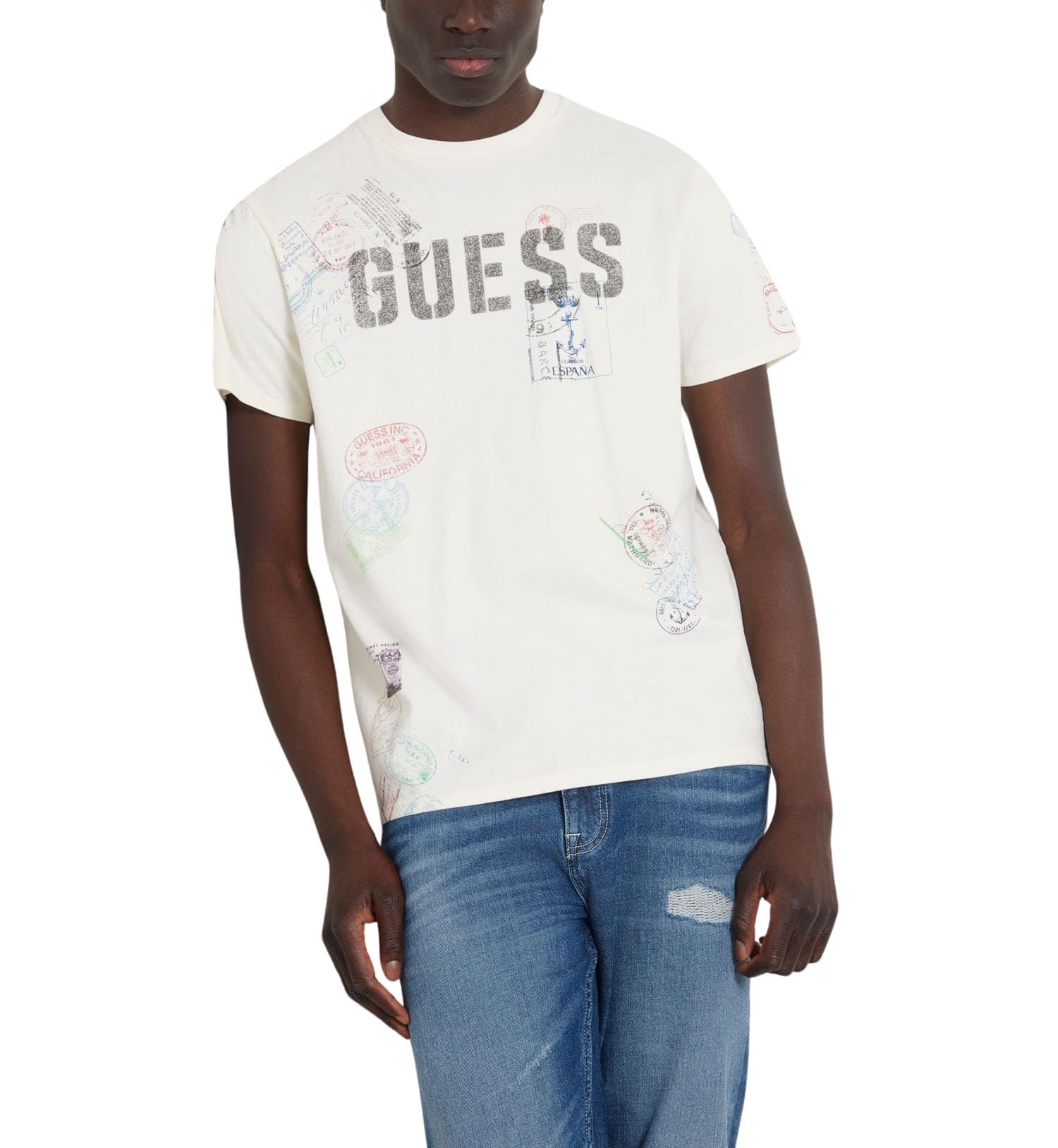 GUESS Men's Eco Short Sleeve World Stamps Tee
