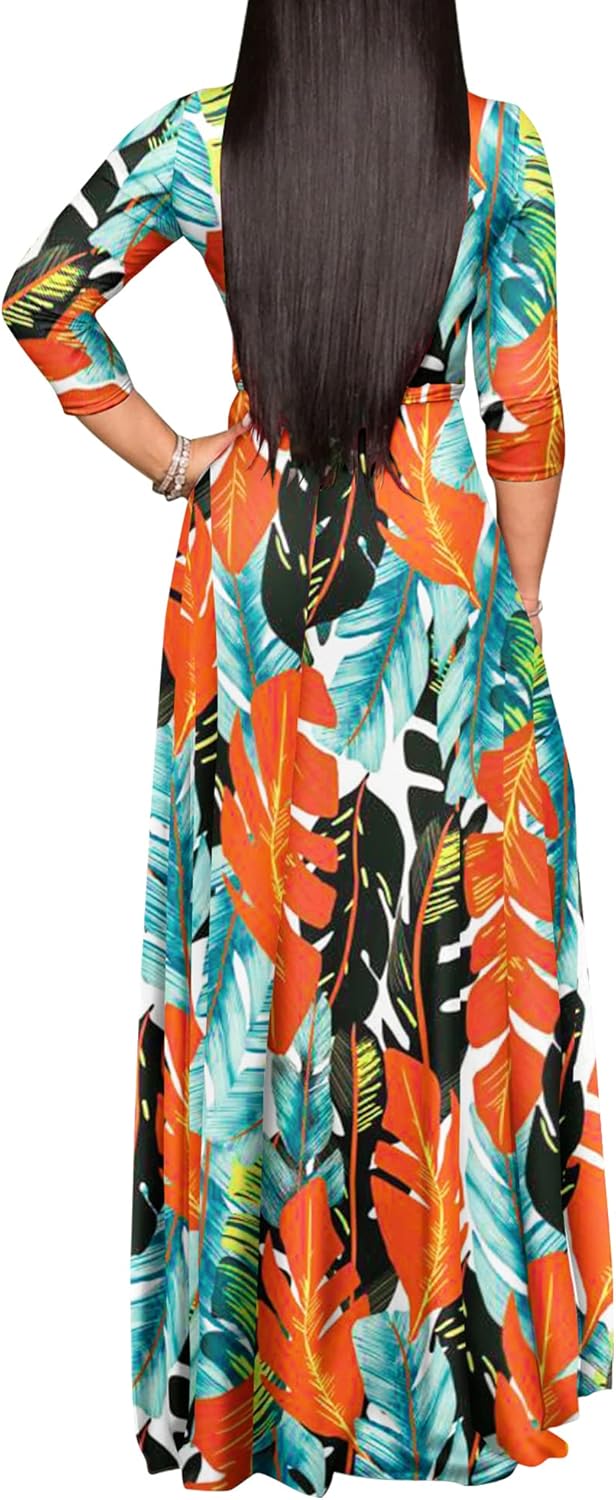FANDEE Plus Size Maxi Dress for Women Casual Summer Sundress V-Neck 3/4 Sleeve(Multicolored Leaves,XX-Large) - Image 2