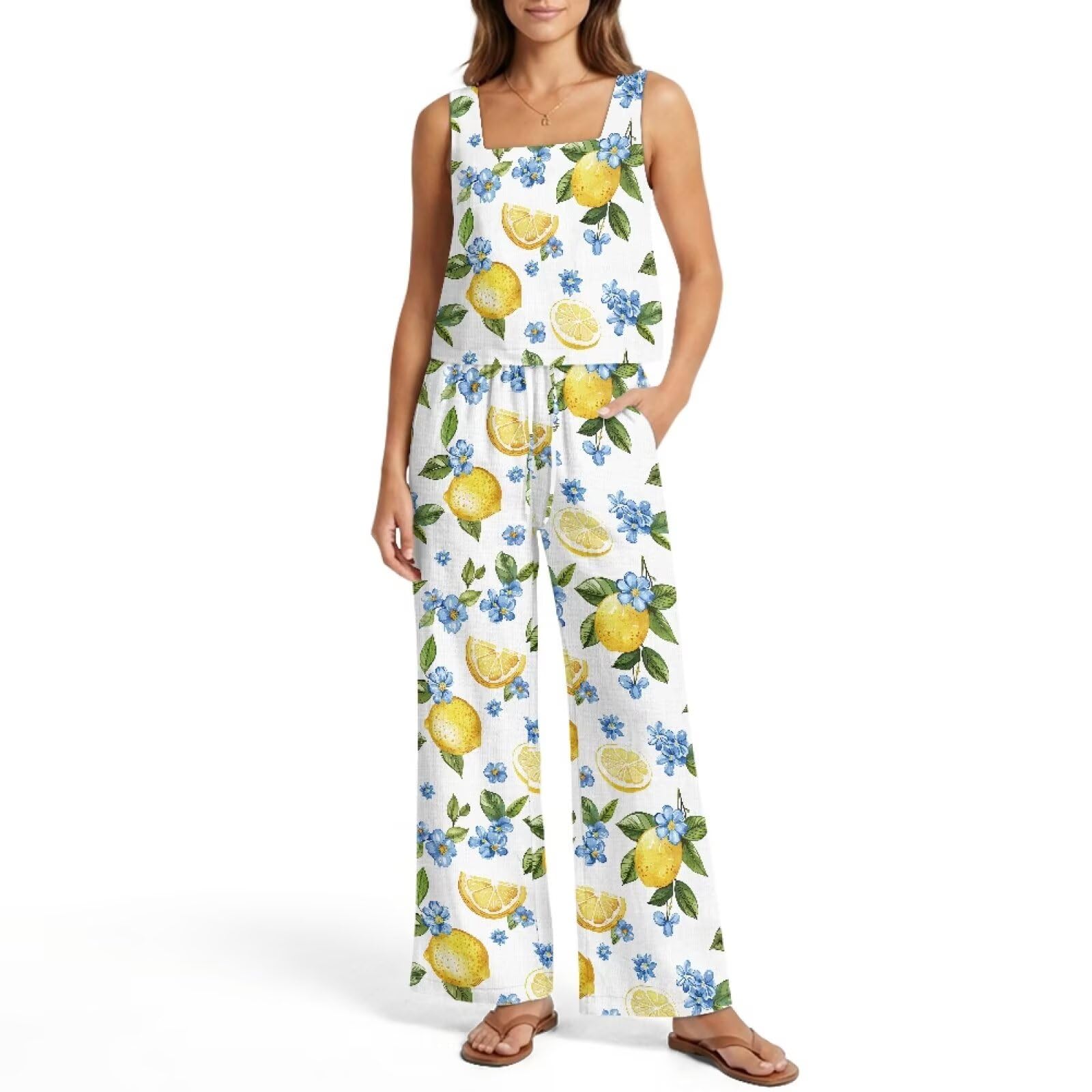 Conjunto de lino de dos piezas para mujer con top sin mangas y pantalón ancho 7