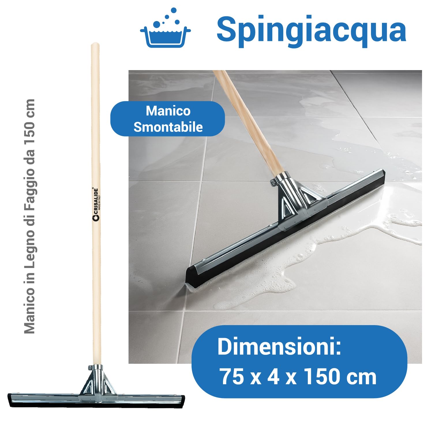 Crisalide® Tergipavimento Spingiacqua Professionale con Manico in Legno da 150 cm, Gomma Doppia, Asola in Metallo, 45/55/75 cm (LARGE 75cm)