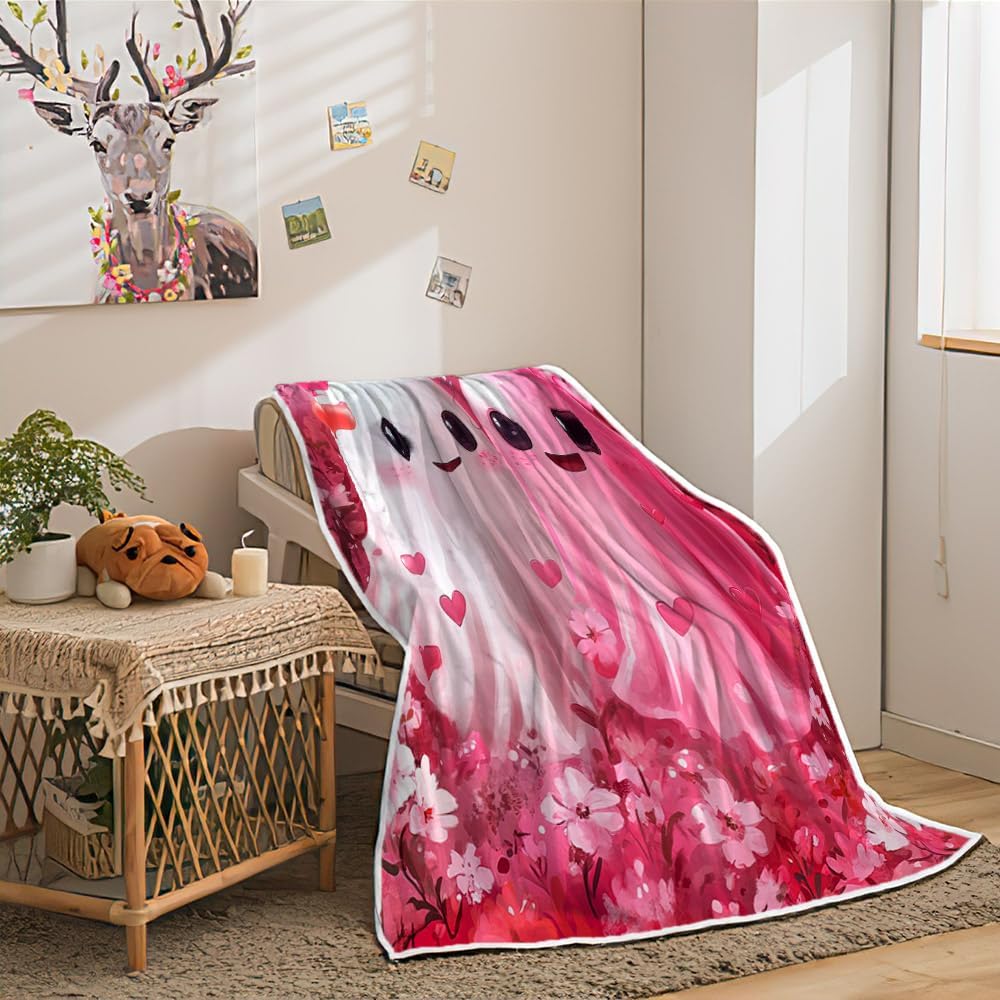 Valentine's Day Throw Blanket Cute Sweet Ghost Couple Flannel Fleece Bed Blankets with Red Hearts Balloons Decoration Pattern Holiday Beding Decorations Warm Throw for Bedroom/Living Rooms/Sofa