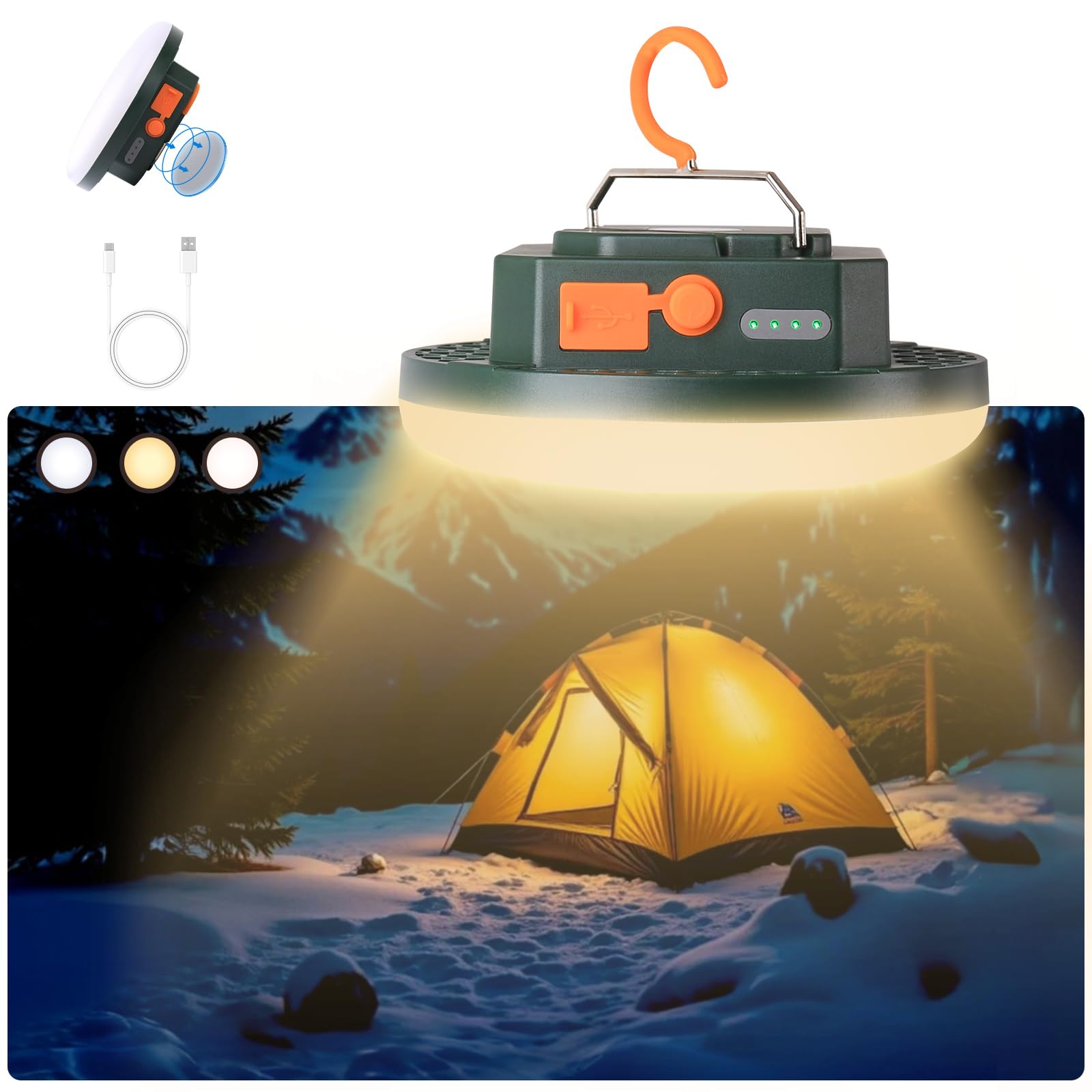 Linterna LED de camping ultra brillante de 4000 lm, recargable bidireccional USB-C, atenuación continua, 3 modos de color, gancho magnético y base plana, IPX5 impermeable, glamping, senderismo, cortes