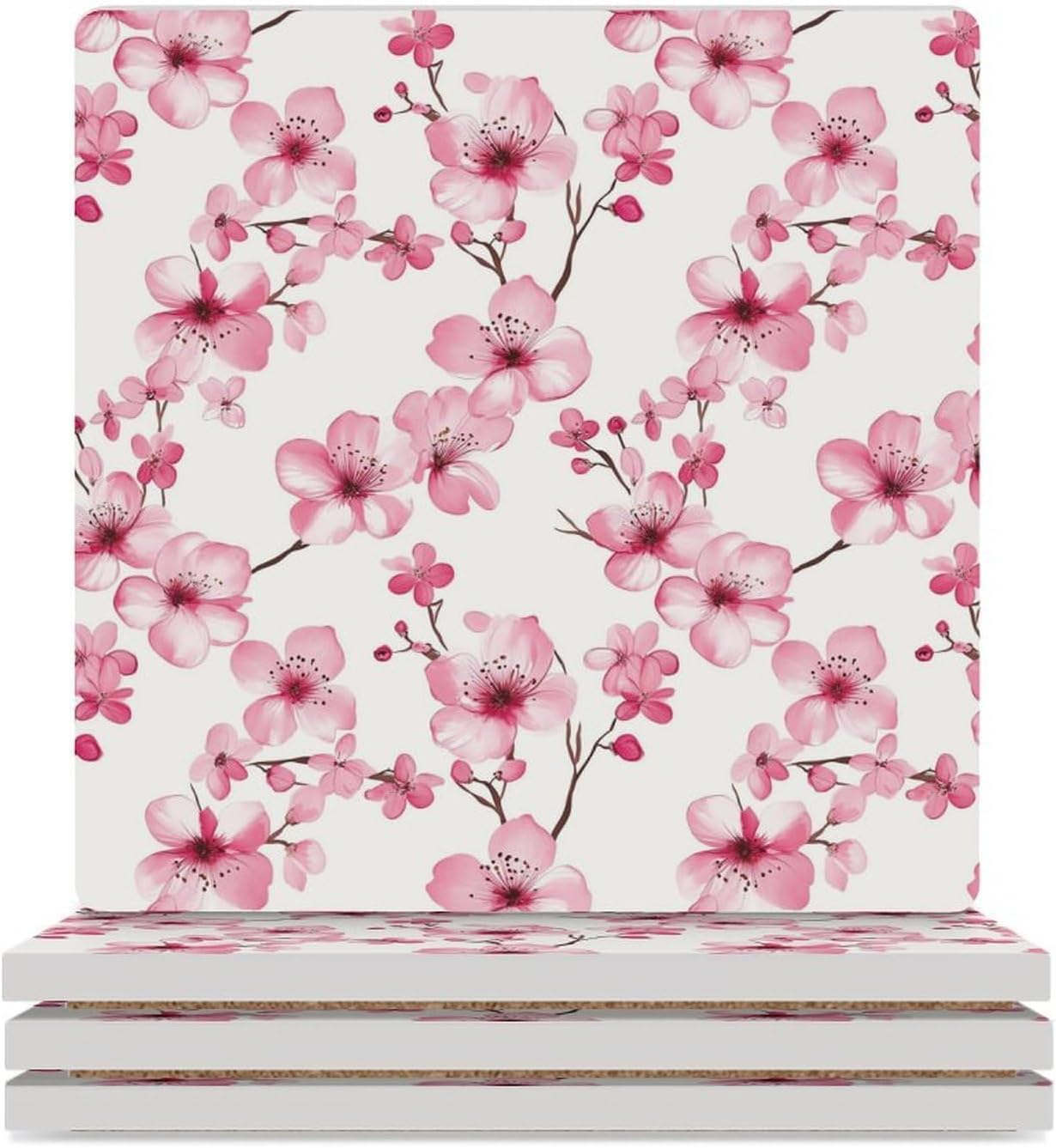 Cherryflowers Floral Ceramic Coasters Set Square Drink Coasters Table Coaster for Kitchen Desktop Decor