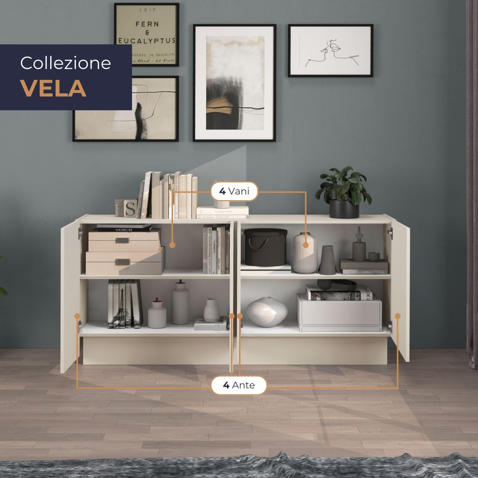 WHOUS Credenza e Buffet VELA per Soggiorno con 4 Ante e 4 Vani, Madia per Salotto, Cucina e Sala da Pranzo in Legno, 160x35x75,4 cm, Cashmere