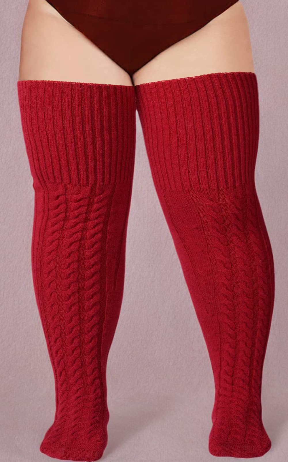 Wool Plus Size Thigh High Socks For Thick Thighs- Extra Long Womens Warm Cable Knit Over Knee Stockings Leg Warmers: One Size Plus Burgundy