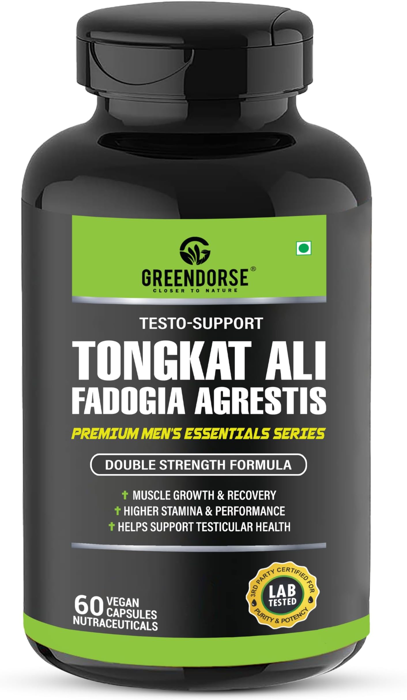 GREENDORSE Fadogia Agrestis 600mg & Tongkat Ali 400mg with Zinc & Vitamin D3 | Longjack Tongkat Ali (2% Eurycomanone) with Fadogia Agrestris Standardized to 10:1 Stem extract- 60 Veg Capsules