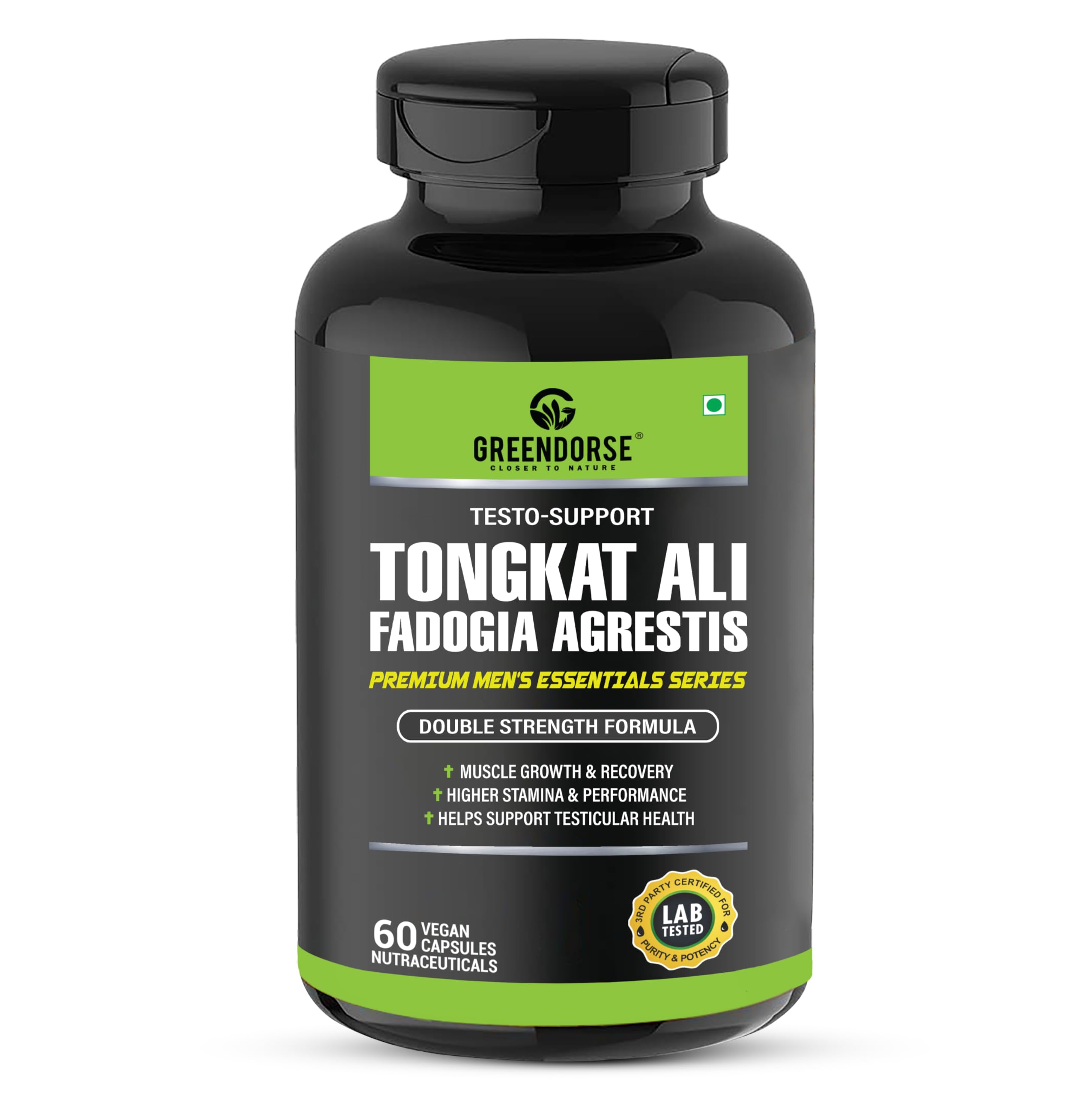 GREENDORSE Fadogia Agrestis 600mg & Tongkat Ali 400mg with Zinc & Vitamin D3 | Longjack Tongkat Ali (2% Eurycomanone) with Fadogia Agrestris Standardized to 10:1 Stem extract- 60 Veg Capsules