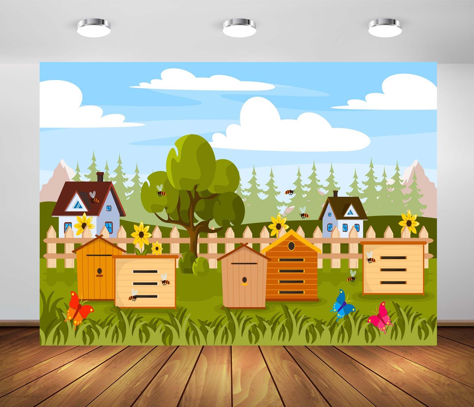 BELECO 3.6x2.5m Telo sfondo apiario campestre | Api cartoon alveari girasoli farfalle prato fattoria sfondo tema api miele compleanno bimbi accessori foto
