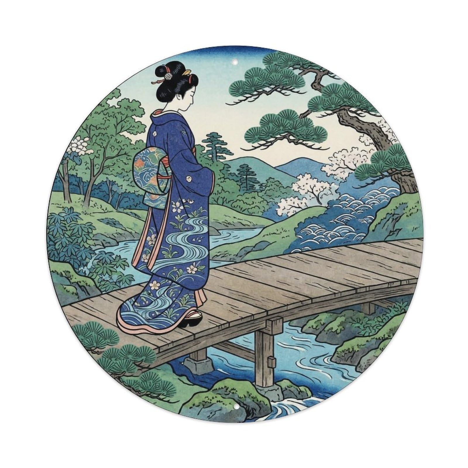 Japanese Elegant Lady Wooden Bridge Stream Serene View Metal Tin Sign