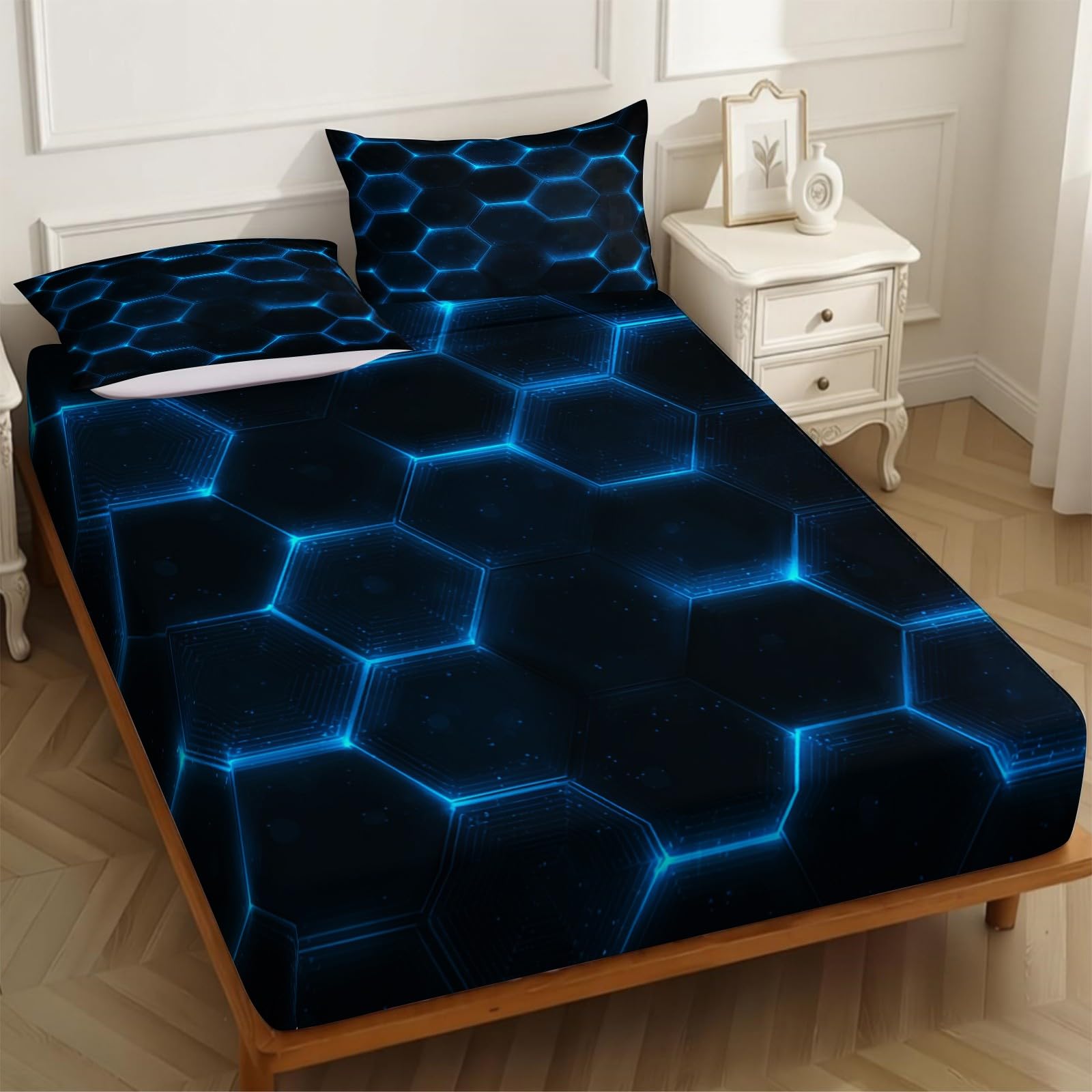 Lenzuolo con Angoli 180 x 200 cm Microfibra Motivo astratto a nido d'ape Lenzuolo Sotto Elasticizzato Profondo 25 cm blu per Letto Singolo e Matrimoniale