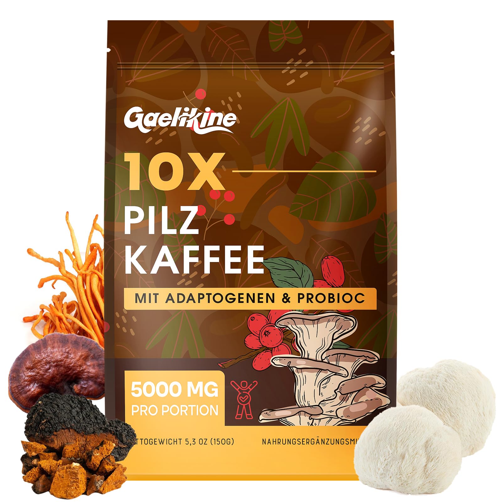 Pilzkaffee – Mushroom Coffee mit 10 Pilzen, Adaptogenen & Probiotika, Instant-Arabica-Kaffee mit Löwenmähne, Chaga, Reishi, Cordyceps & mehr, Pilz-Extrakt-Pulver, 150 g