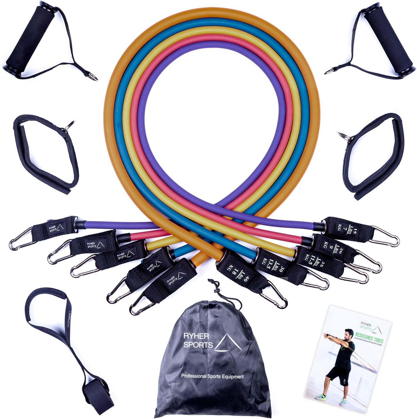 Ryher Resistance Bands Set of 5 Tubes - Exercise Bands with Handles, Door Anchor, Ankle Straps, Workout Guide for Men and Women - For Weight Exercise, Fitness Training - 12pcs set
