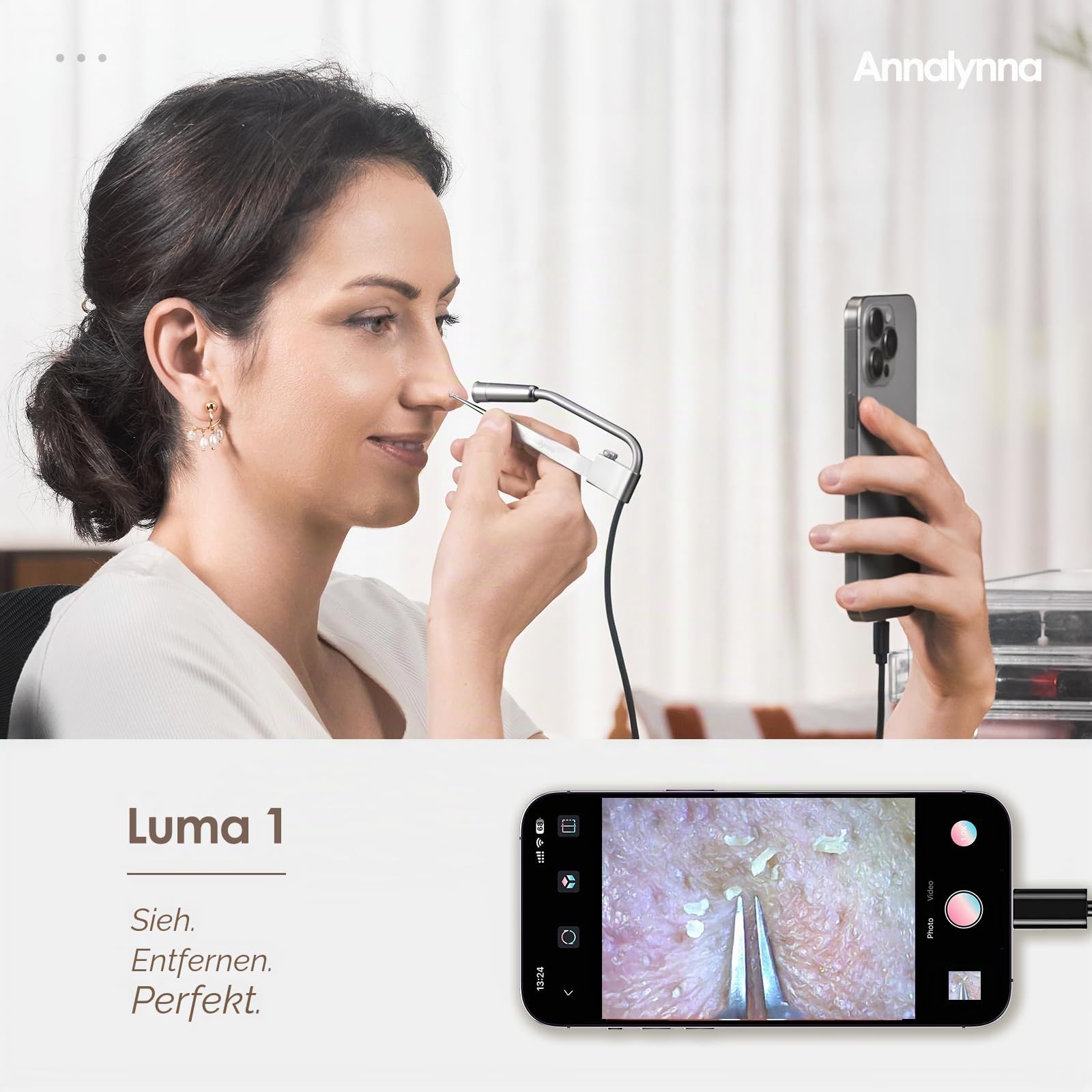 Luma 1 Visuelle Mitesser-Entferner Pinzette mit Kamera – Pimple Popper Tool mit 20-facher Vergrößerung, 1080P, 8 LED-Lichtern, inklusive Mitesser-Entferner-Set (6-teilig), Titan