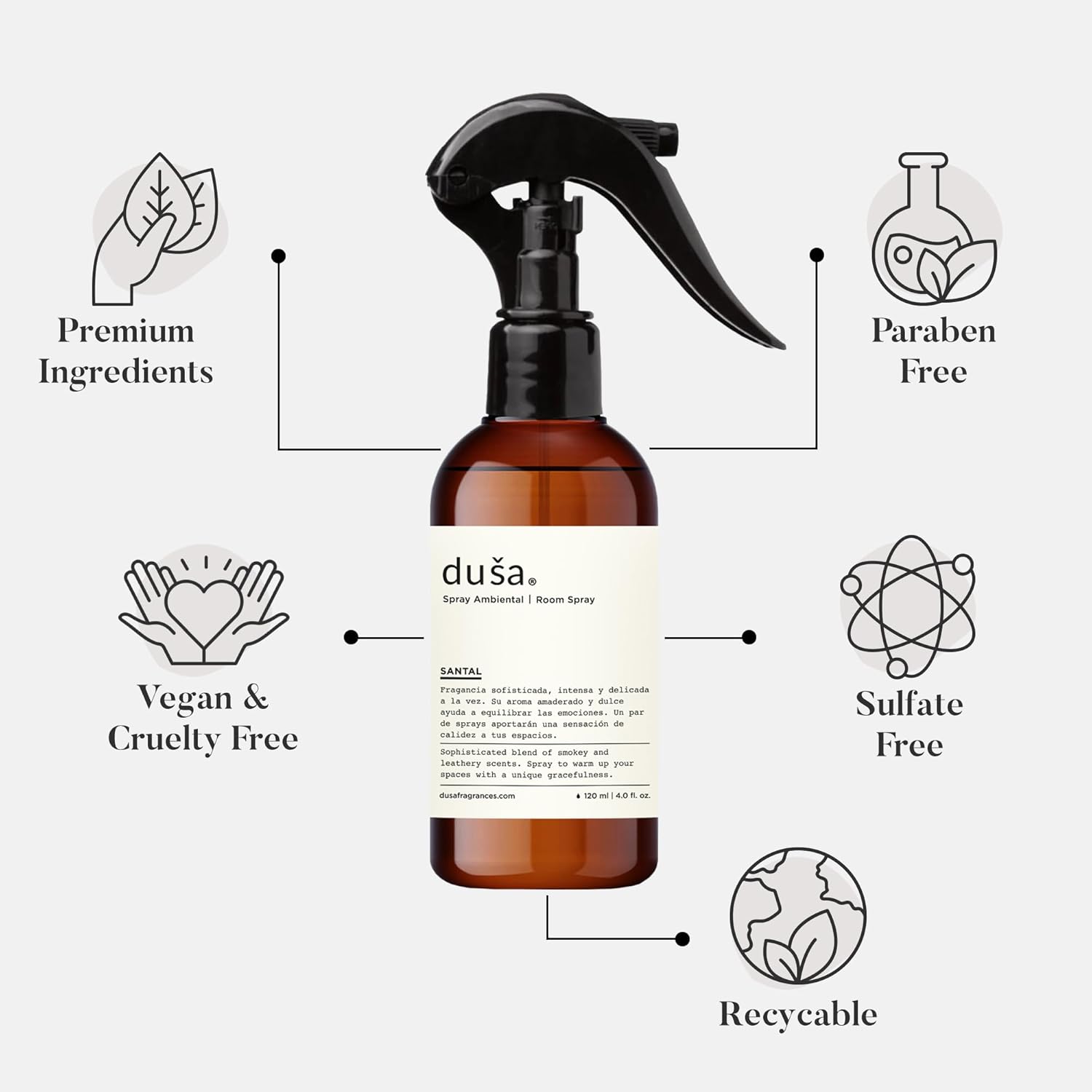 Dusa Santal Room Spray - 4 fl oz - Natural Air Freshener & Linen Mist for Home - Ultimate Home Fragrance, Bed Room Essentials & Soothing Fabric - Eco-Friendly Odor Eliminator w/Aromatherapy - Image 2